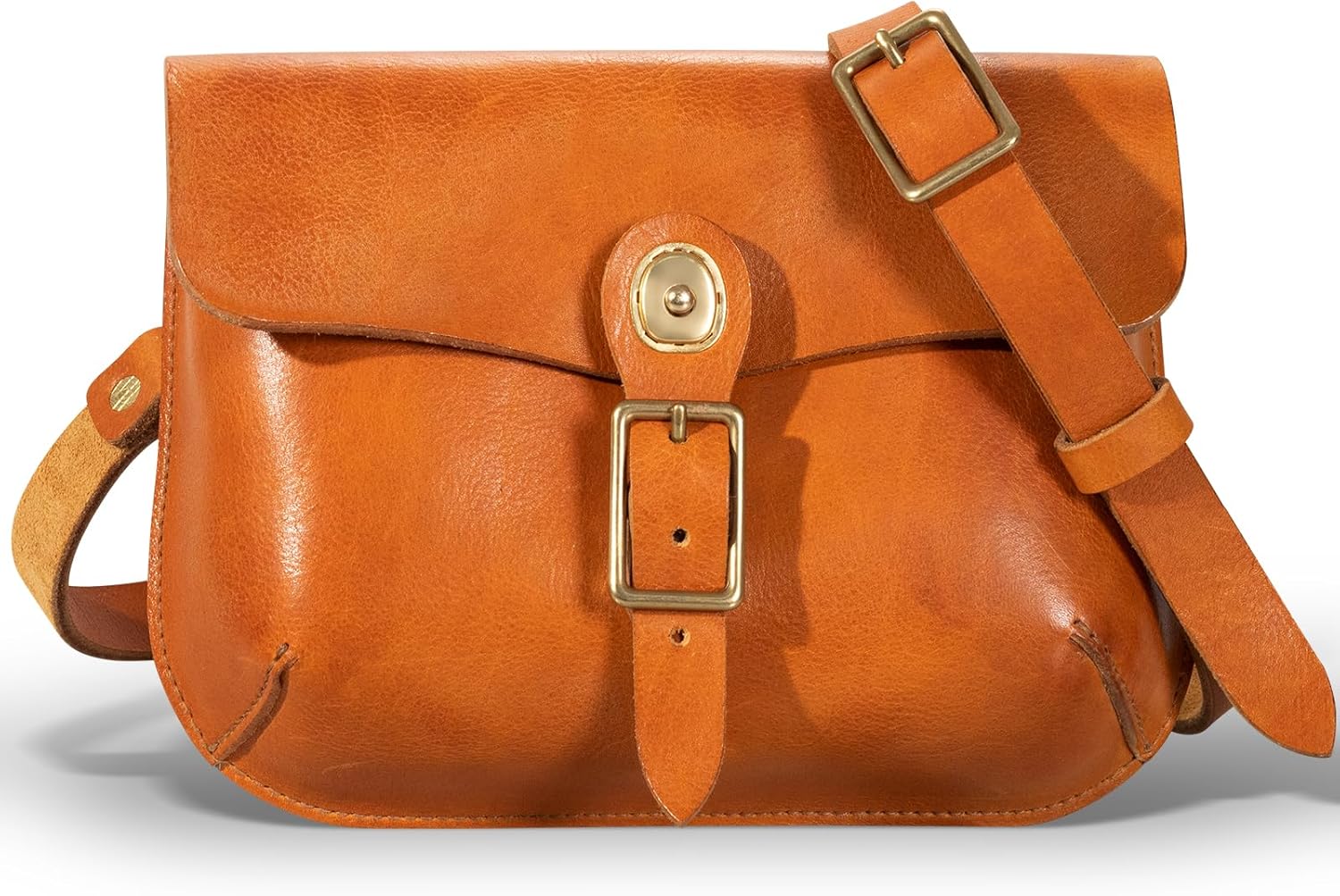 Genuine Leather Cross Body Bag for Women Men, Vegetable-Tanned Leather, Adjustable Strap,Pure Brass
