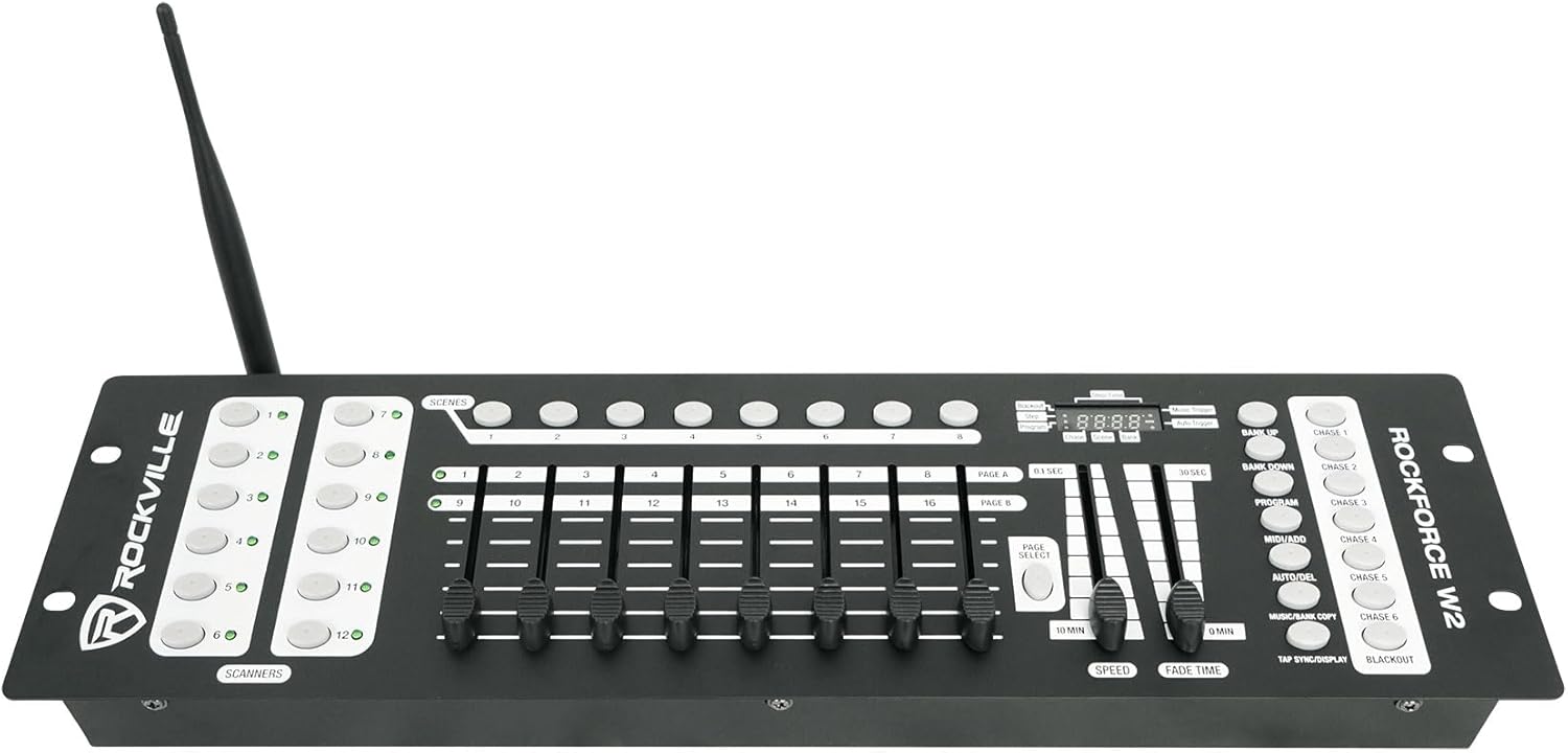 Rockville ROCKFORCE W2 192-Channel Wireless 2.4GHz DMX Lighting Controller, Built-In Transmitter, Music Triggering, Programmable Scenes, for DJs and Stage Lighting