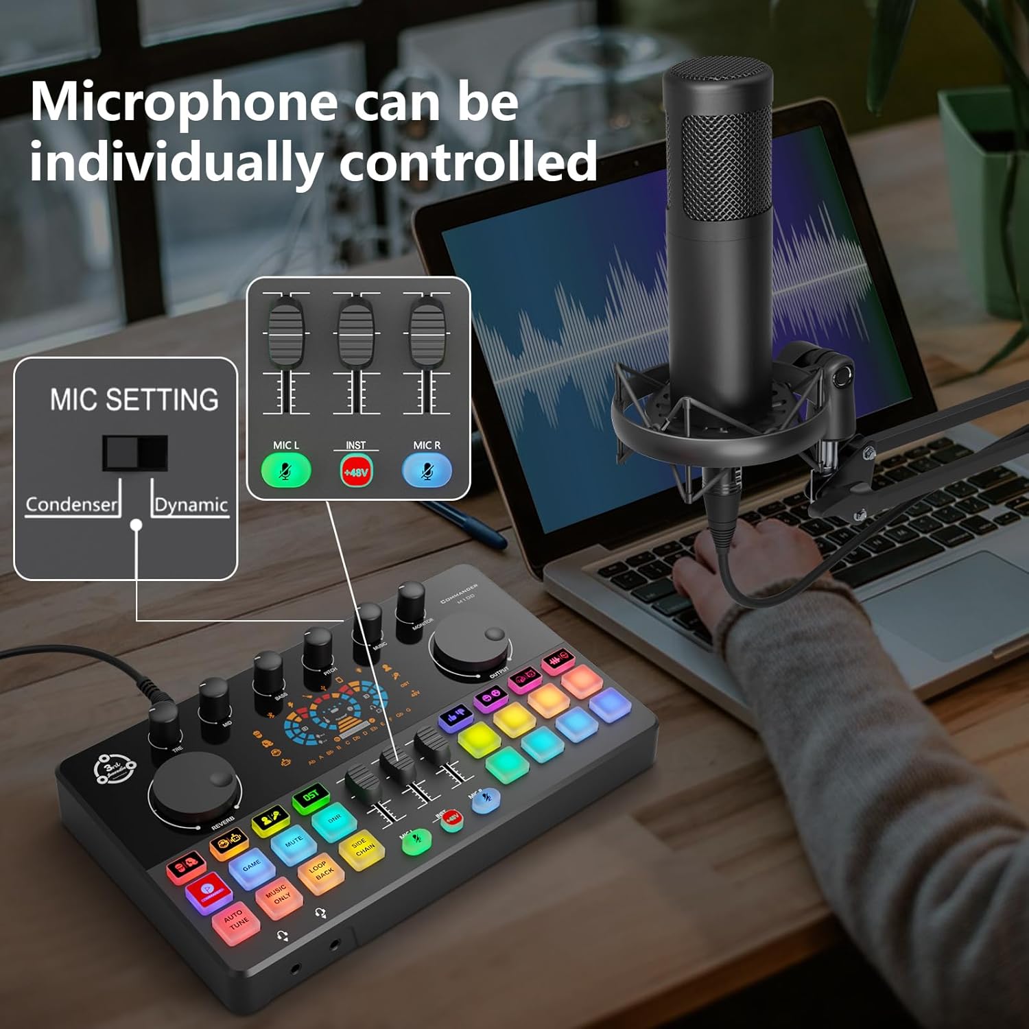Podcast Equipment Bundle for 2, Audio Interface with Condenser Microphone, Voice Change, DJ Mixer for Streaming, Podcast Recording COMMANDER M100 3rd