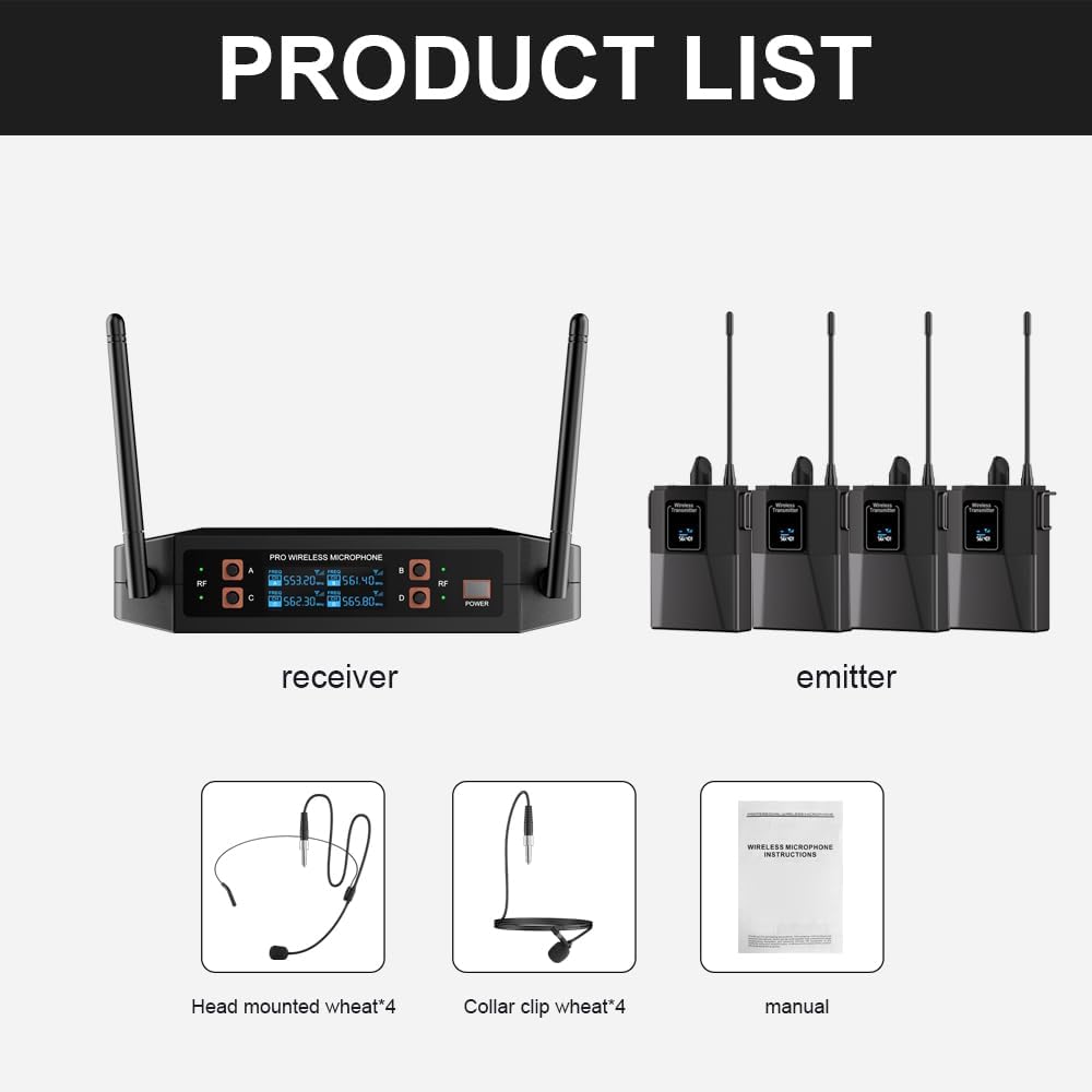 ST-102 4-Channel Wireless Microphone System, UHF Wireless Microphone kit with 4 Bodypacks and 4 Headsets Mics, auto-scan, 200-foot Coverage, for Singing, Karaoke, DJs, Churches