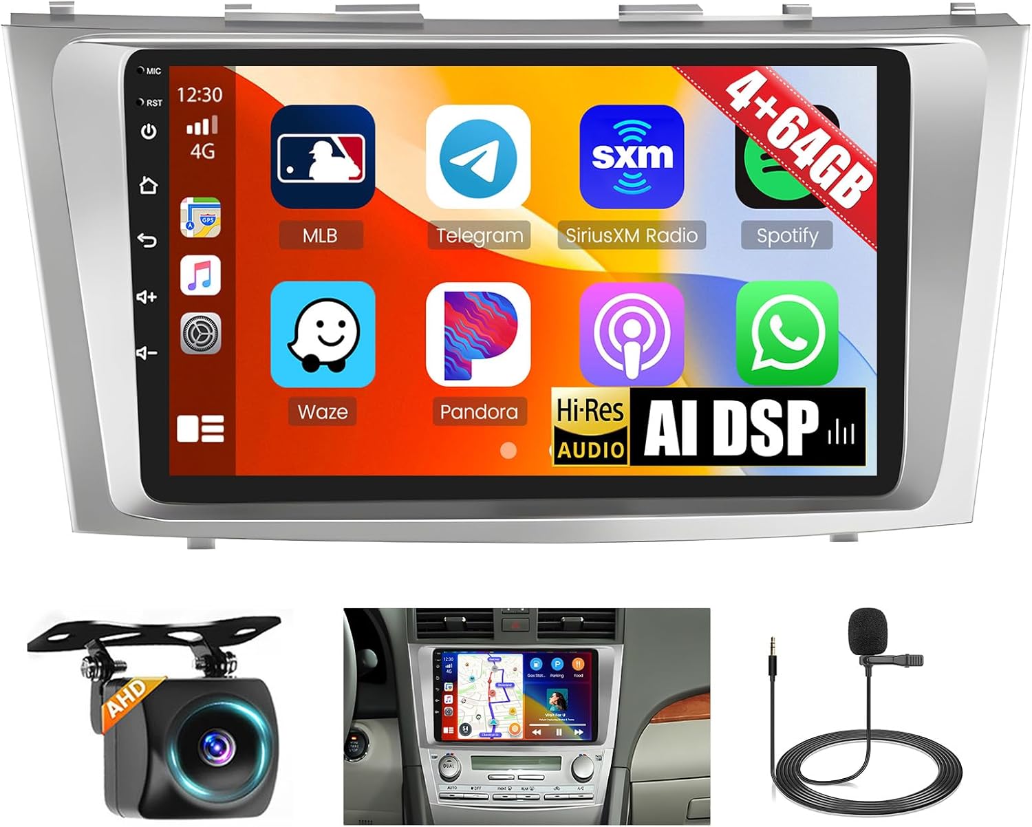 4+64G Android Car Stereo for Toyota Camry 2006 2007 2008 2009 2010 2011(Auto AC), 9 Inch Touchscreen Radio Carplay/Android Auto GPS Navigation/Mirror Link/WiFi/Bluetooth/DSP/FM RDS +AHD Backup Camera