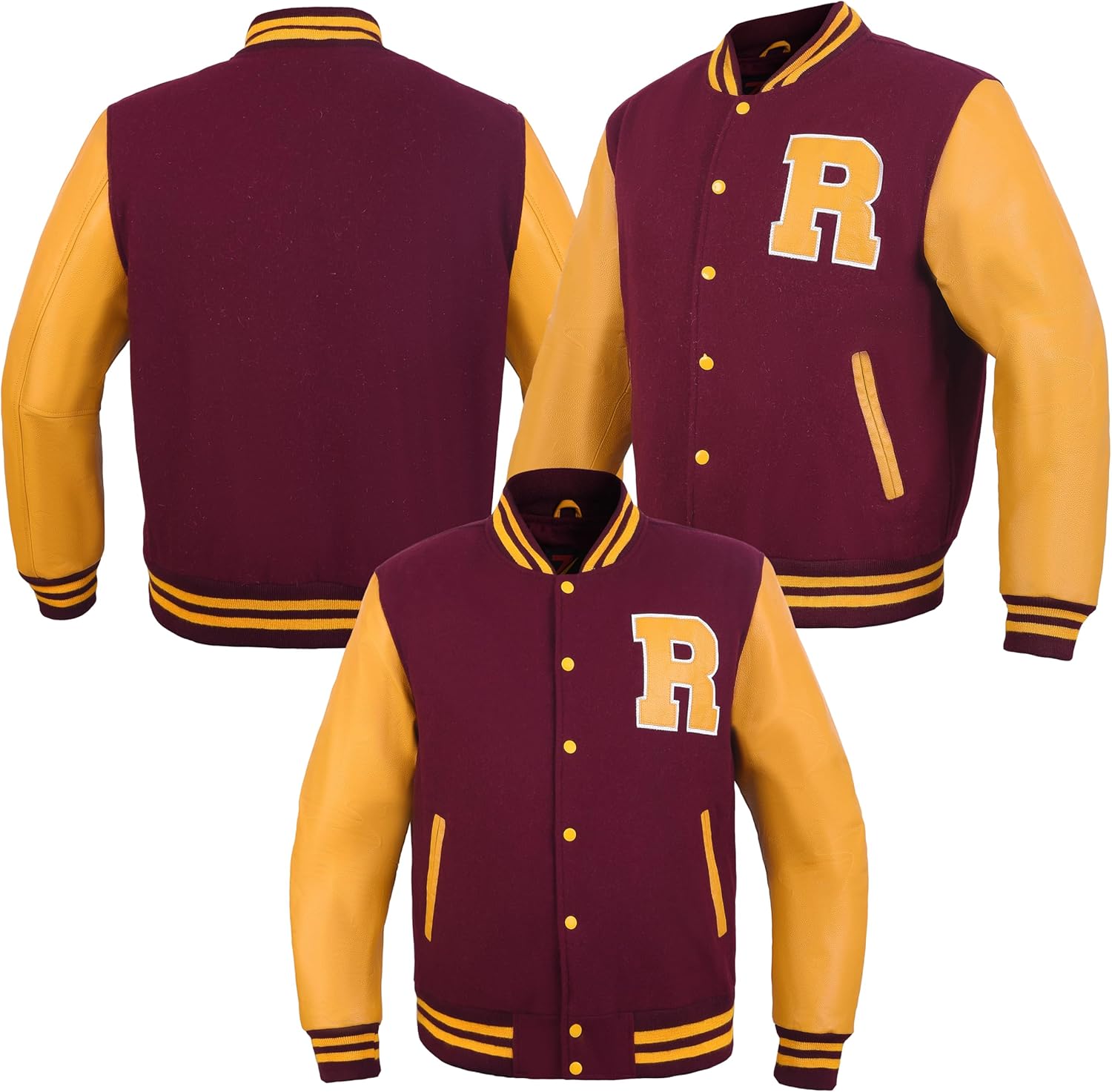 Bomber Jacket Men Varsity Jacket Maroon Wool Baseball Jacket Patch R Golden Leather Sleeves Vintage Racing jacket