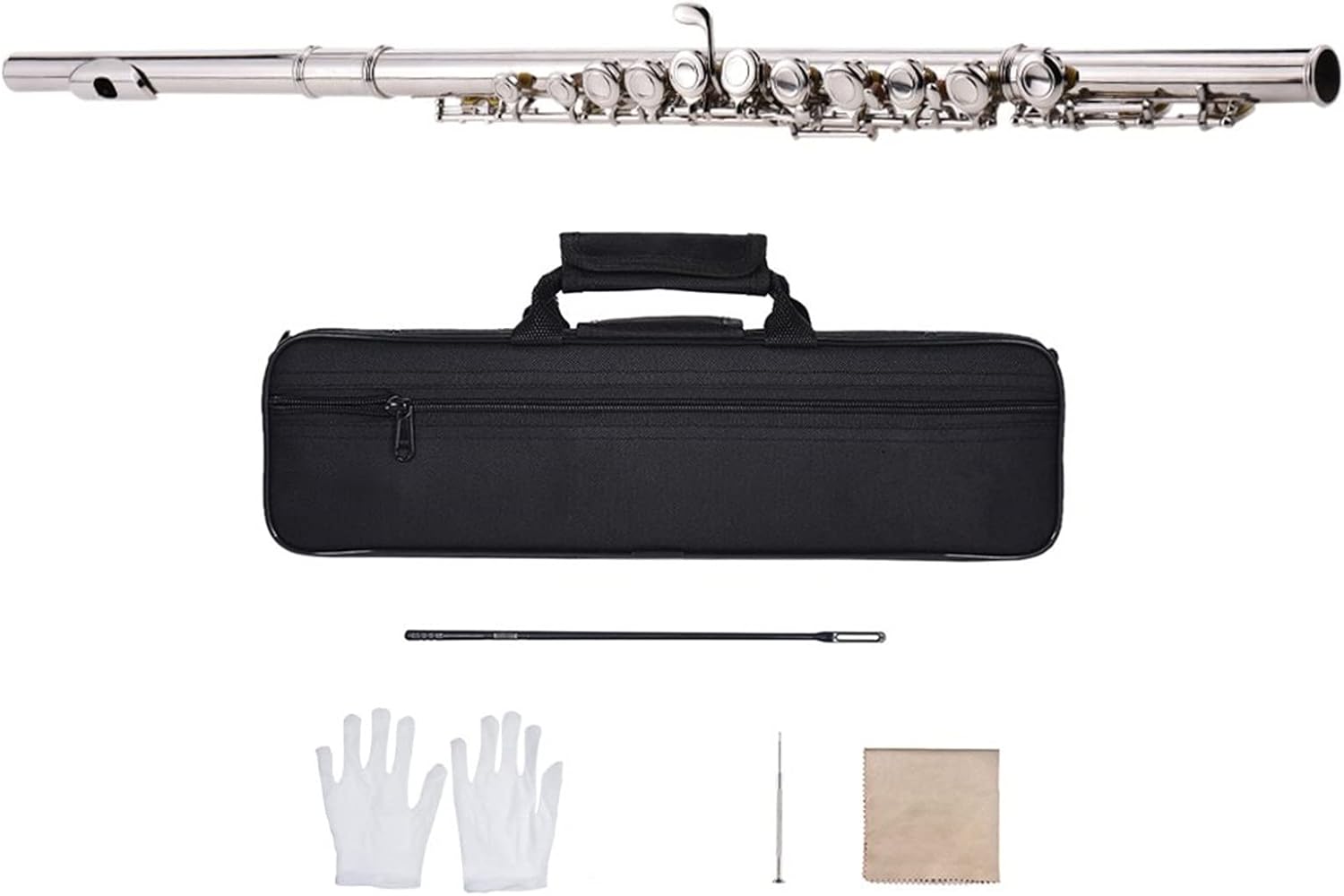 Flute Kit Flute Nickel Plated 16 Holes C Key Cupronickel Woodwind Instrument Cleaning Stick Gloves Mini Screwdriver Bag Intermediate Flute