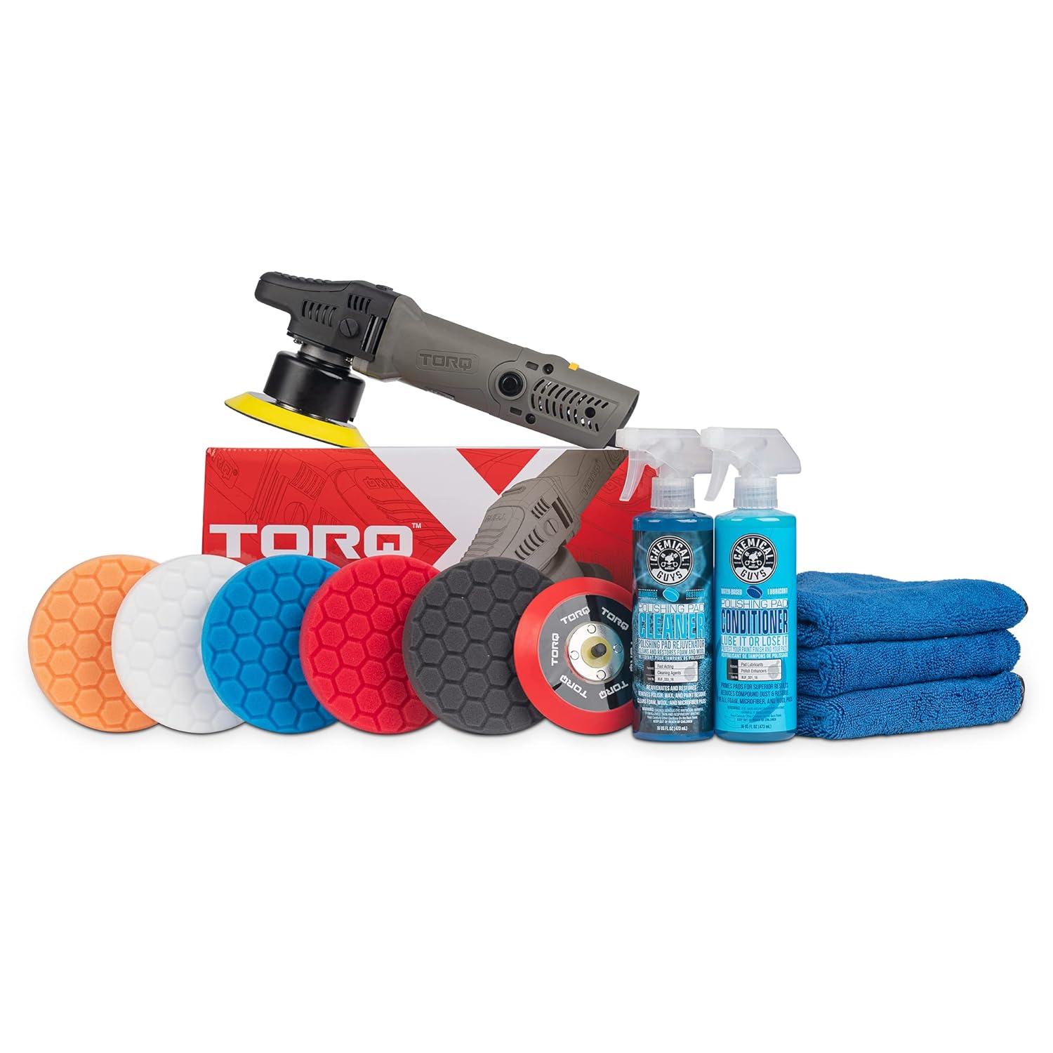 Chemical Guys TORQX Random Orbital Polisher Complete Car Detailing Kit - Pads, Pad Cleaner, Conditioner & Towels, Safe for Cars, Trucks, SUVs, Motorcycles & More, 700W 8mm Throw - 12-Piece