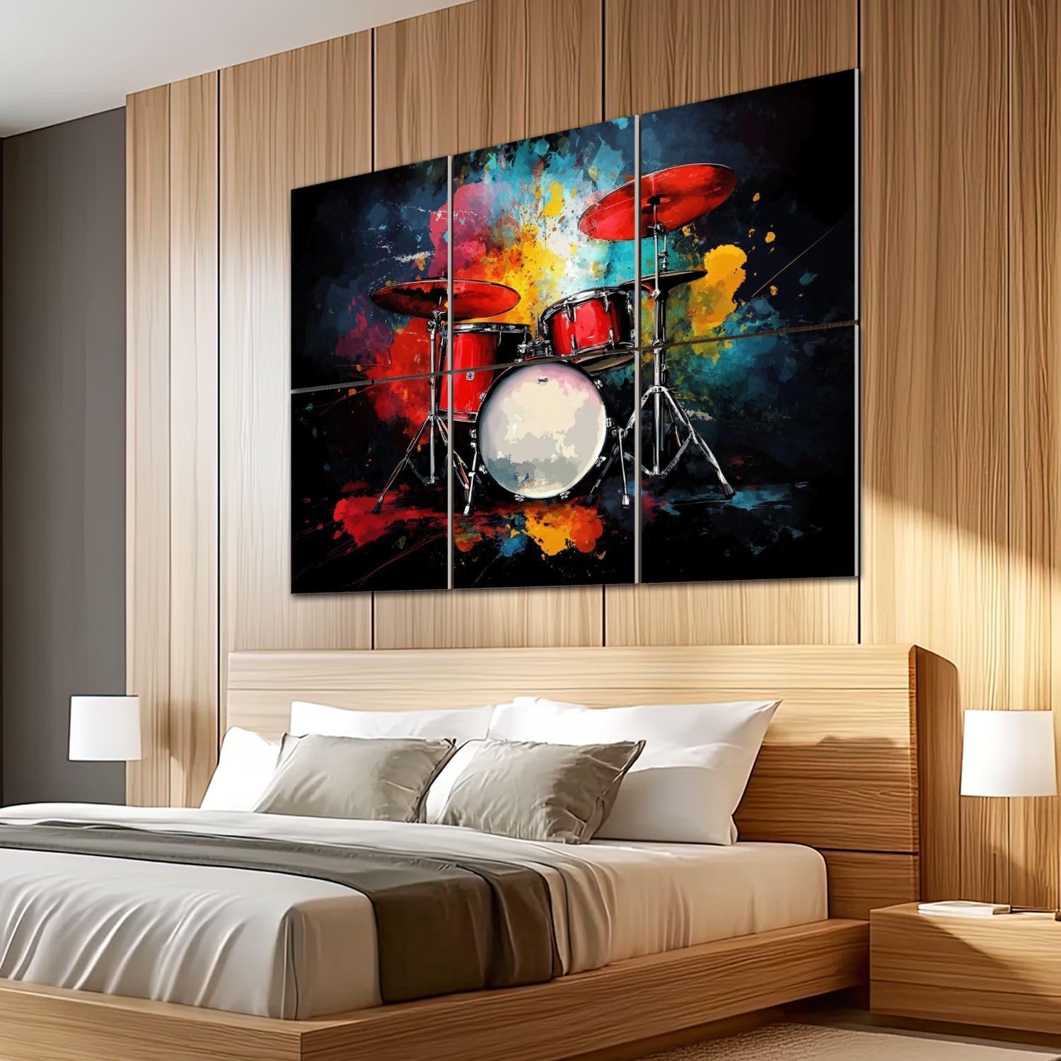 6 Pack Art Acoustic Panels Sound Absorbing Music Abstract Drum Set Splash Colors Red Drums Dynamic Musical Decorative Soundproof Wall Panels Self Adhesive for Recording Studios Office 72