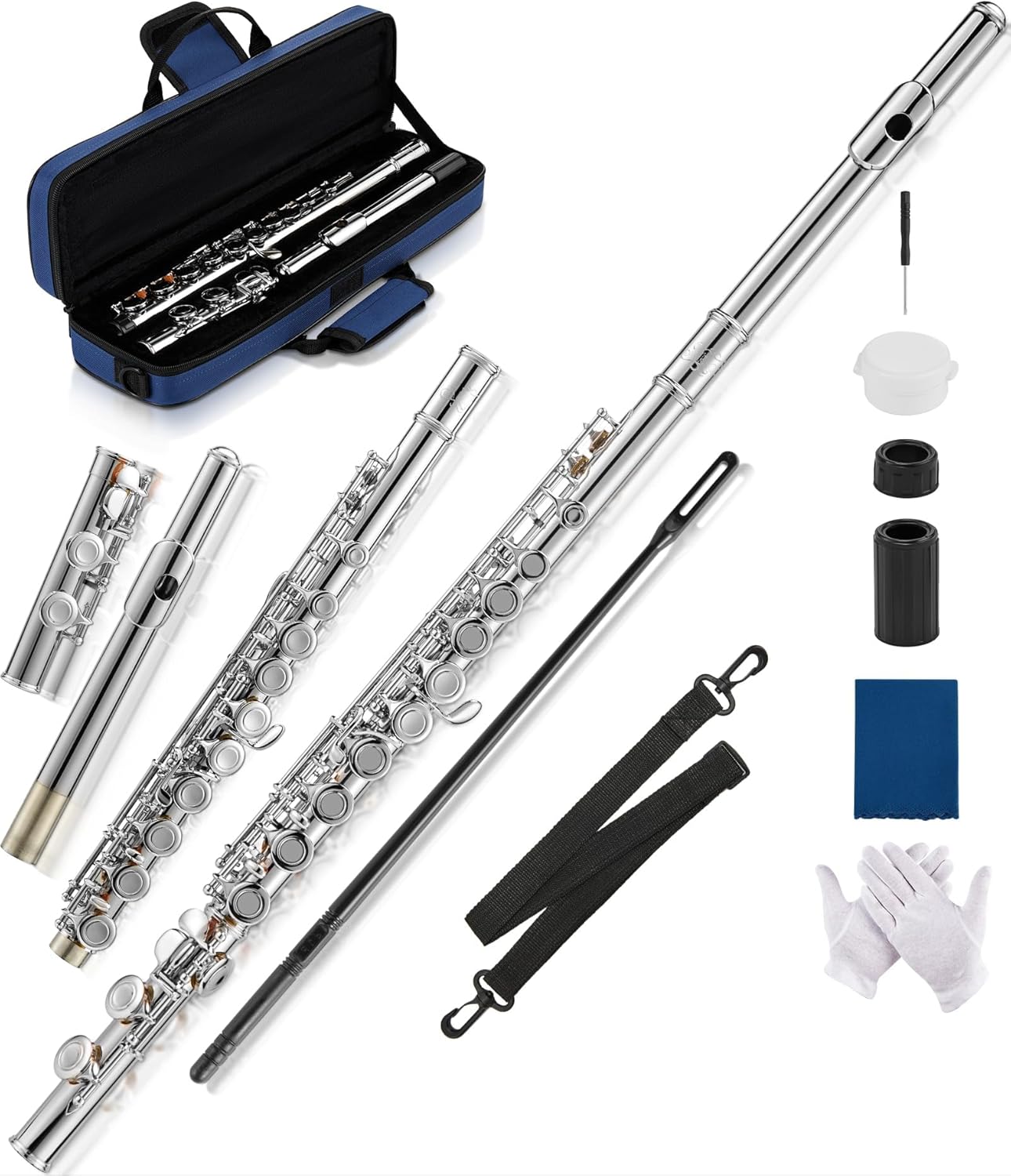 AKLOT Closed-Hole Concert C Flute: Flute Instrument with 16 Keys, Offset G, Smooth Nickel-Silver Keys, Air-Tight Pads, Include Stylish Case with Shoulder Strap, Cleaning Kit, Gloves (LUM-SN)