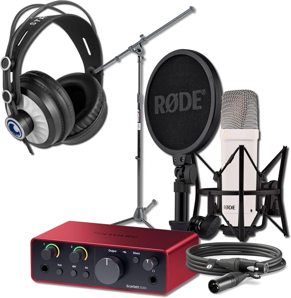 Rode NT1 Signature Series Condenser Microphone (White) with Scarlett Solo 4th Gen USB Audio Interface, Cans50 Studio Headphones and On-Stage MS7701B Boom Microphone Stand
