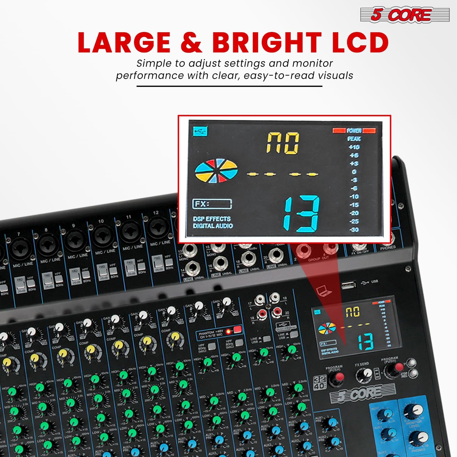 5Core DJ Audio Mixer 20 Channel Professional Stereo Sound Board w 256 digital effects USB Bluetooth 48V Phantom Power Consola De Audio for Studio Recording Podcasting DJ Show - MX 20CH XU