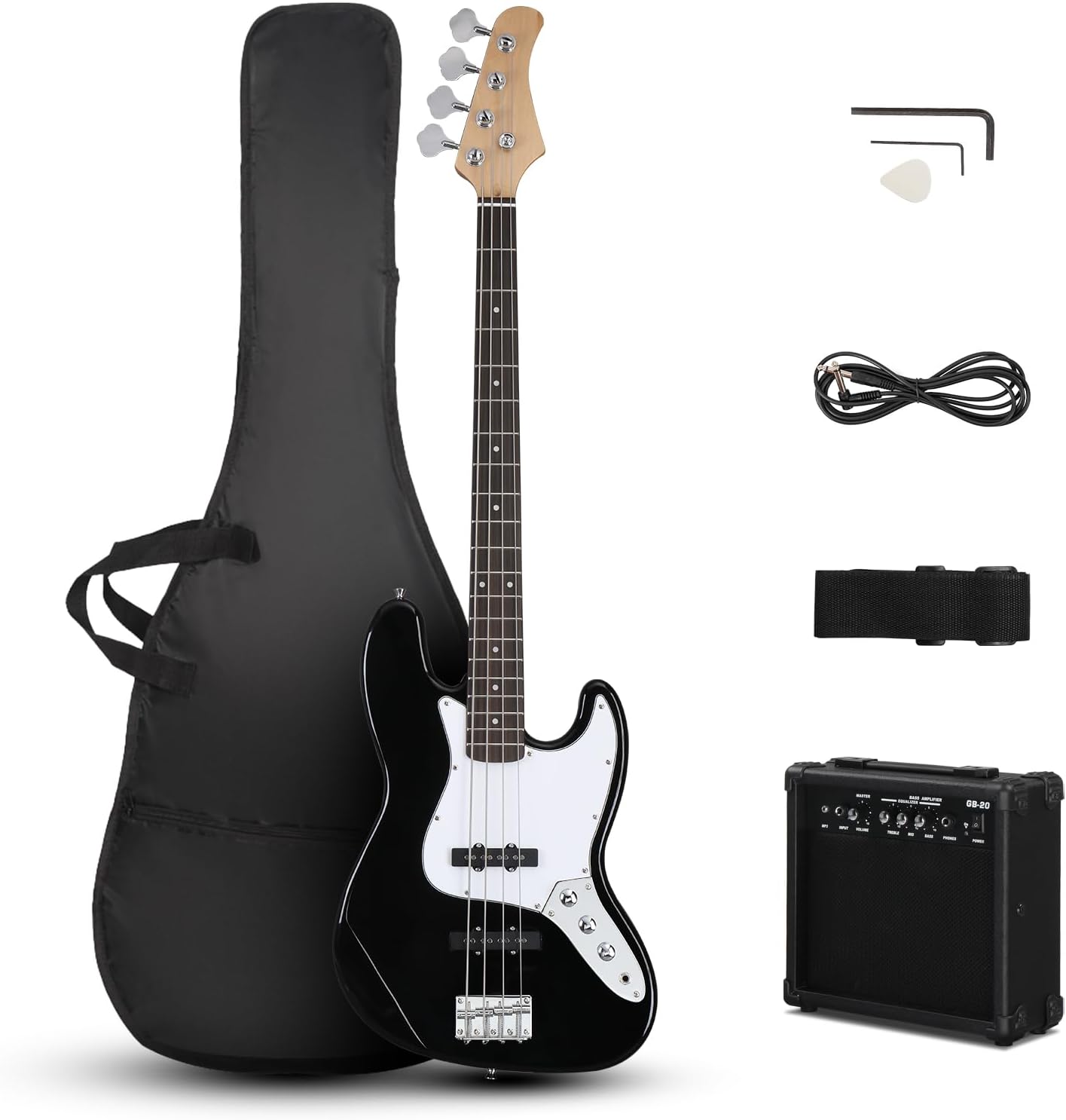 Ktaxon Electric Bass Guitar with 20Watt Amplifier, 4 String Right Handed Electric Bass Kit for Beginner & Professionals W/a Bag, Shoulder Strap, Guitar Pick, Wrench Tool(Black)