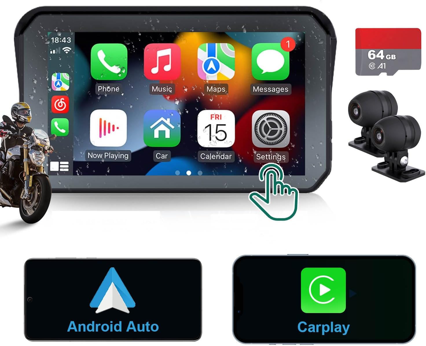 Motorcycle DVR: Wireless Apple Carplay, Android Auto, Dual HD 1080P Cameras, GPS, G-Sensor, Siri & Google Voice, 5-Inch IPS Touch Screen, WiFi, Bluetooth, TF Card, Waterproof TTXSCAM MT01-B