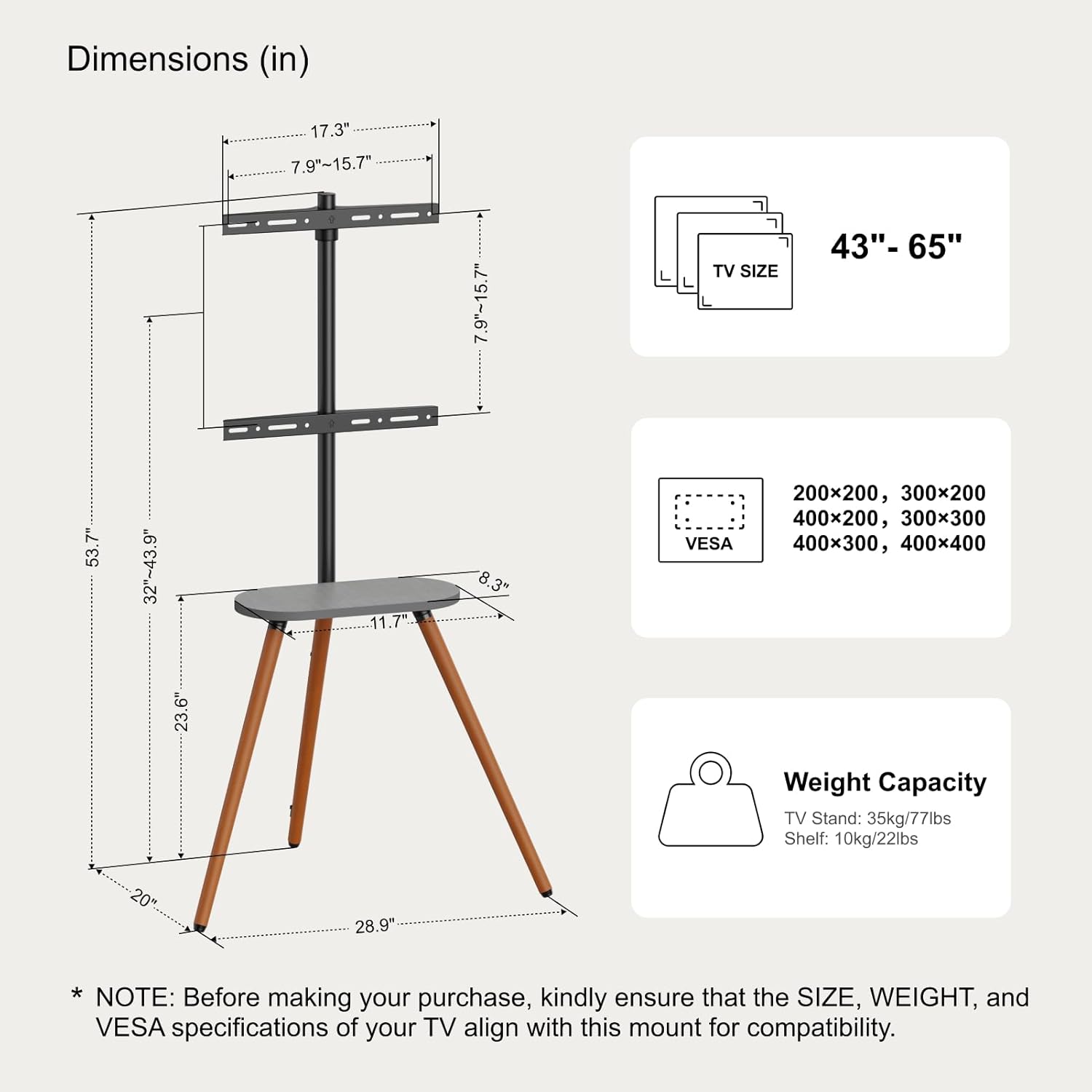 Tripod Easel TV Stand for 43 to 65 Inch LCD LED OLED Screen, Height Adjustable and Swievel TV Stand, Portable Corner TV Floor Stand with Wooden Tray, VESA 400x400mm, Minimalist Black Walnut
