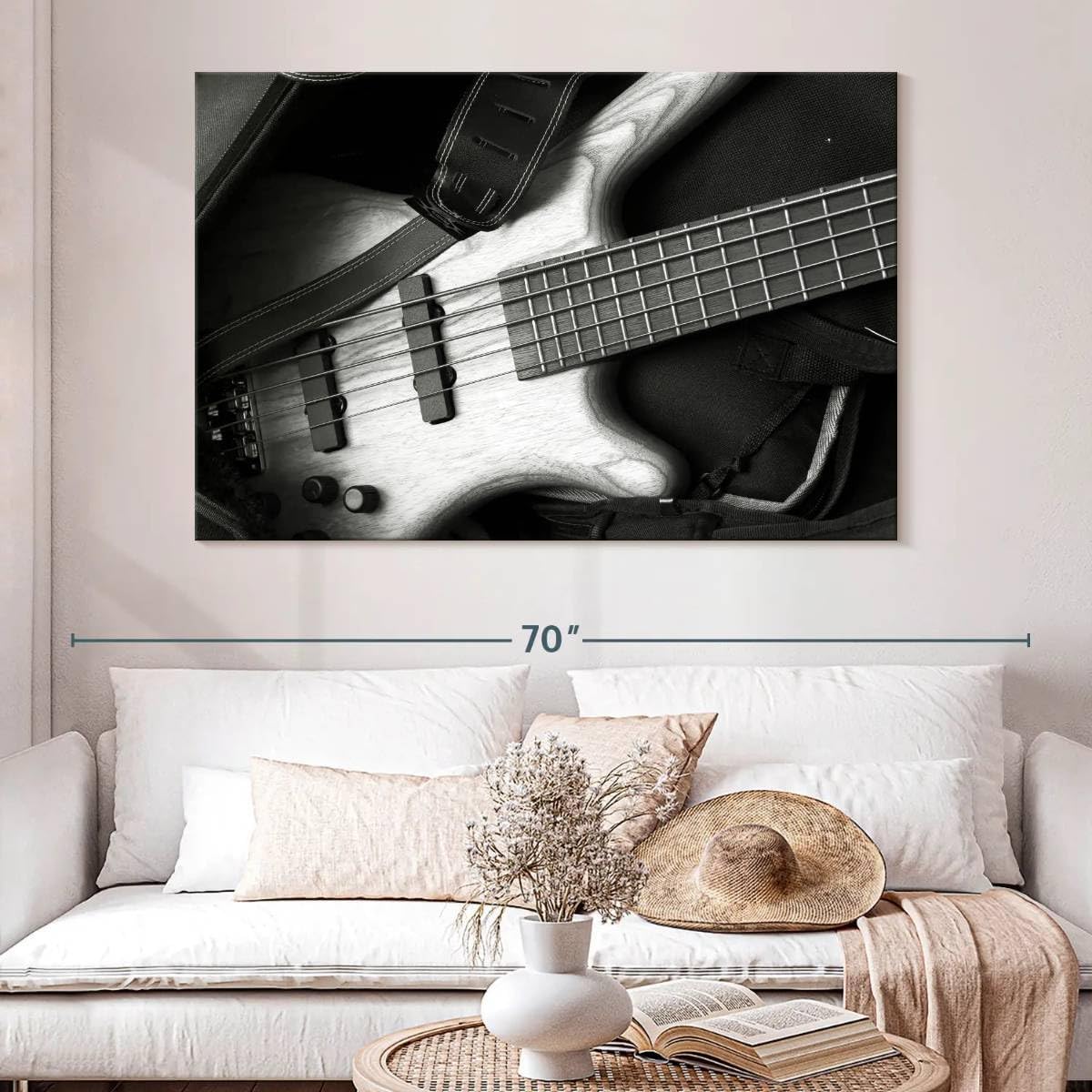 ElephantStock - Monochromatic Bass Guitar Wall Art - Horizontal Canvas Wall Art - Living Room Wall Decor - Photography Music Canvas Art - Black And Gray Decor - 51
