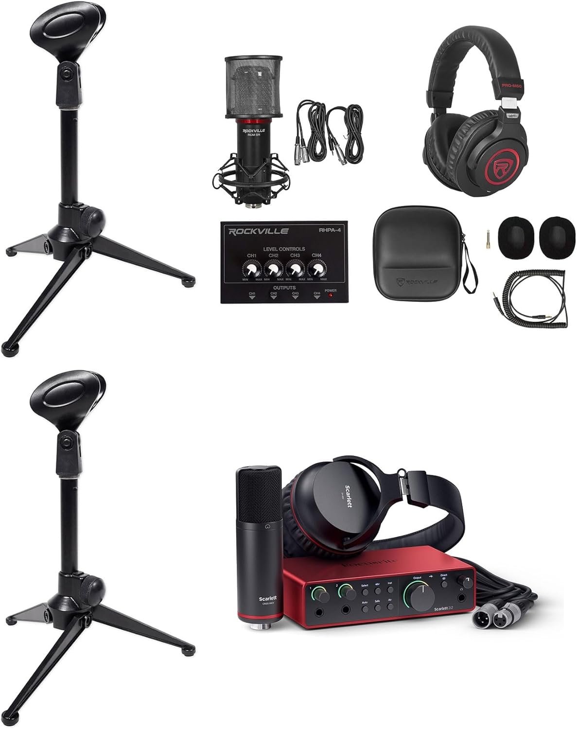 Audiosavings Bundle: Focusrite Scarlett 2i2 Studio 4th Gen Recording Interface Bundle with Rockville RHPA4 4 Ch Headphone Amp+(2) RDTS Stand+RCM SR Condenser Microphone+PRO-M50 SR Headphones (6 Items)