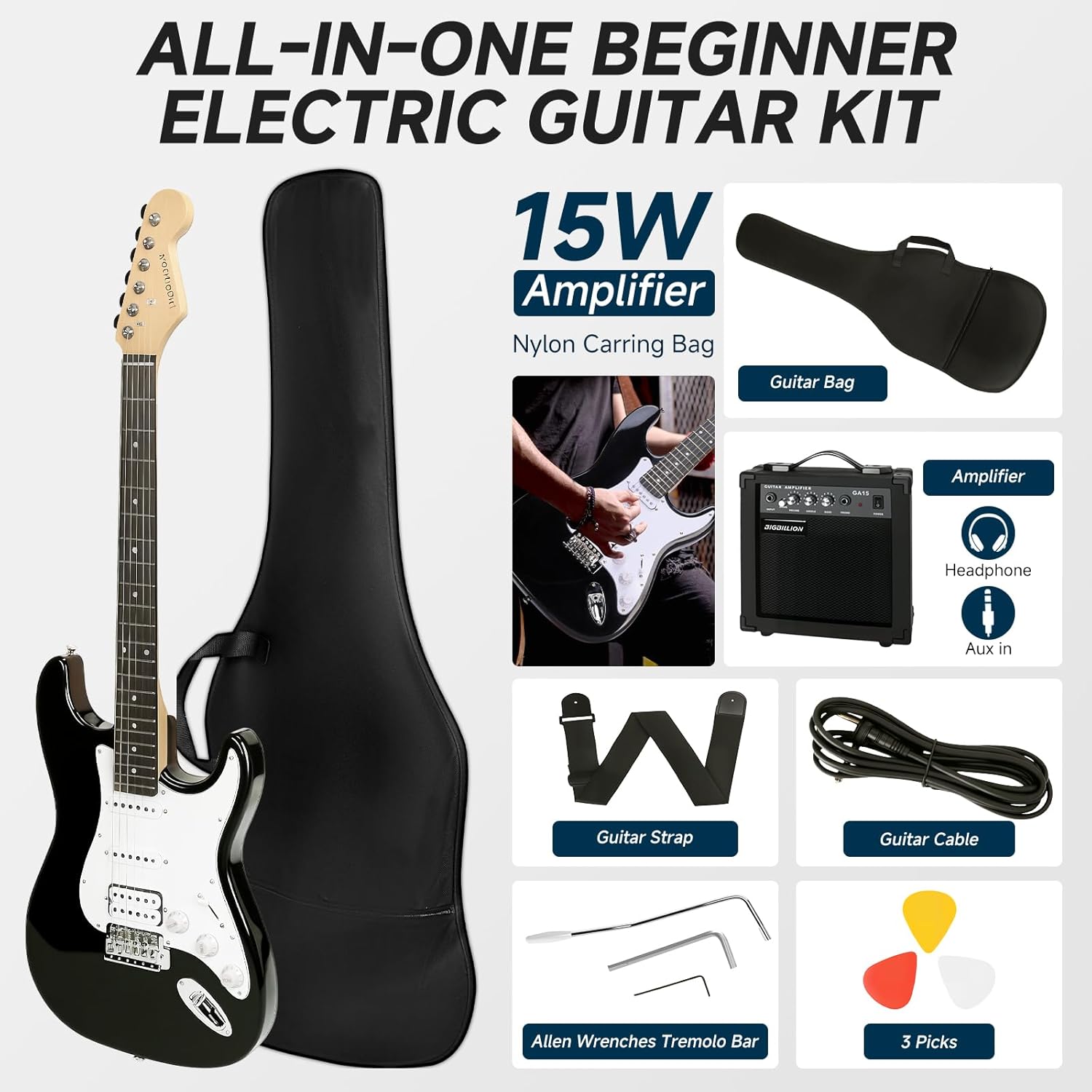39 Inch Electric Guitar Solid Body Full Size HSS Electric Guitar Beginner Kit for Starter, with Amplifier, Bag, Capo, Strap,Cable, Picks, Black