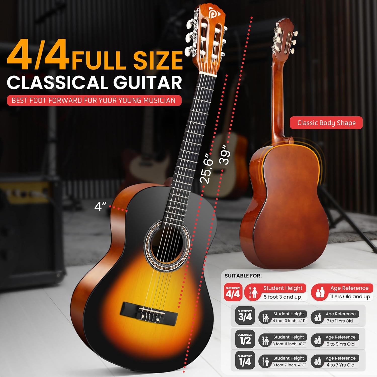 Pyle Beginner Acoustic Guitar Kit, 4/4 Full Size All Wood Build Nylon String Instrument with Capo, Gig Bag, Strap, Extra String Set, Guitars for Beginners Adults Youth, 39