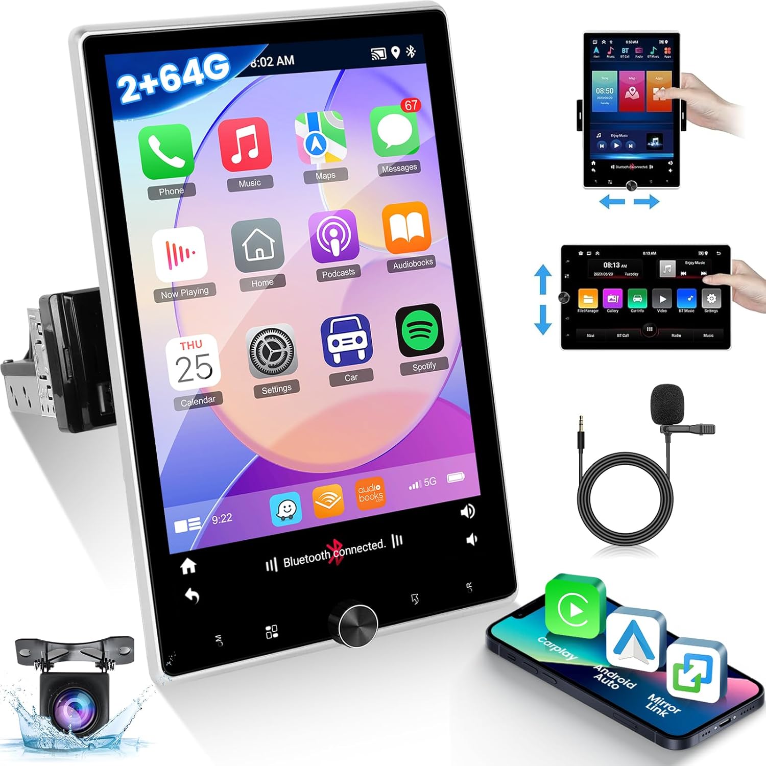 2+64G Android Single Din 10.4 Inch Vertical Rotate Touch Screen Car Radio with Bluetooth, Wireless CarPlay & Android Auto, WiFi, GPS, Mirror Link, Voice Control, 50 UI, SWC + AHD Backup Camera