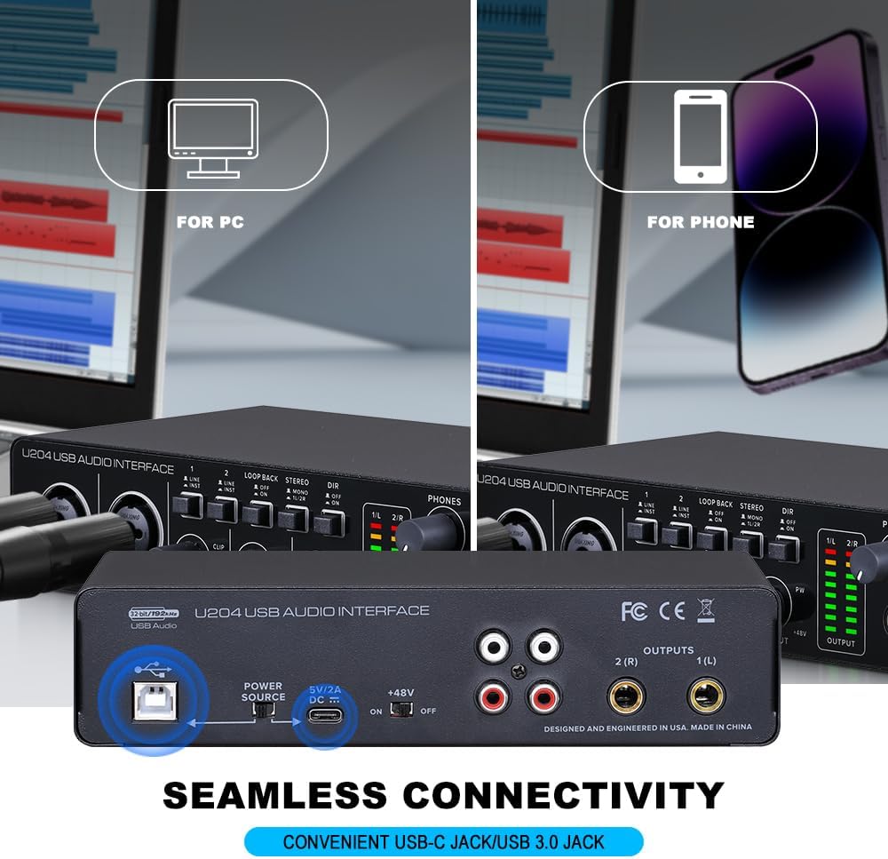 BOMGE U204 USB Audio Interface for PC Computer Recording Music, 2x2 Guitar Audio Interface for Mac 32Bit/192kHz Podcasting Streaming for Vocalist Producer with 48V Phantom