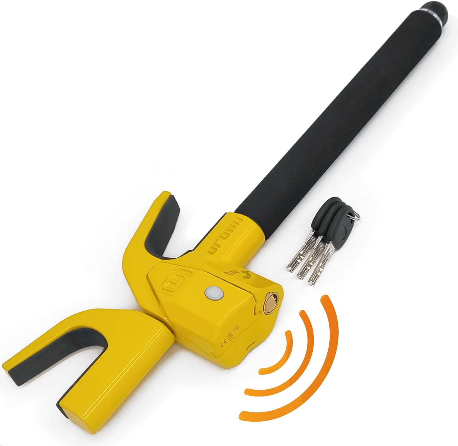Urban UR978Y High Security Steering Wheel Lock Alarm 120dB, Most Visible Yellow Adjustable Steel Double Hook, Protective Pads, Safety Hammer, Universal Anti Theft Device for Car Auto Van Truck