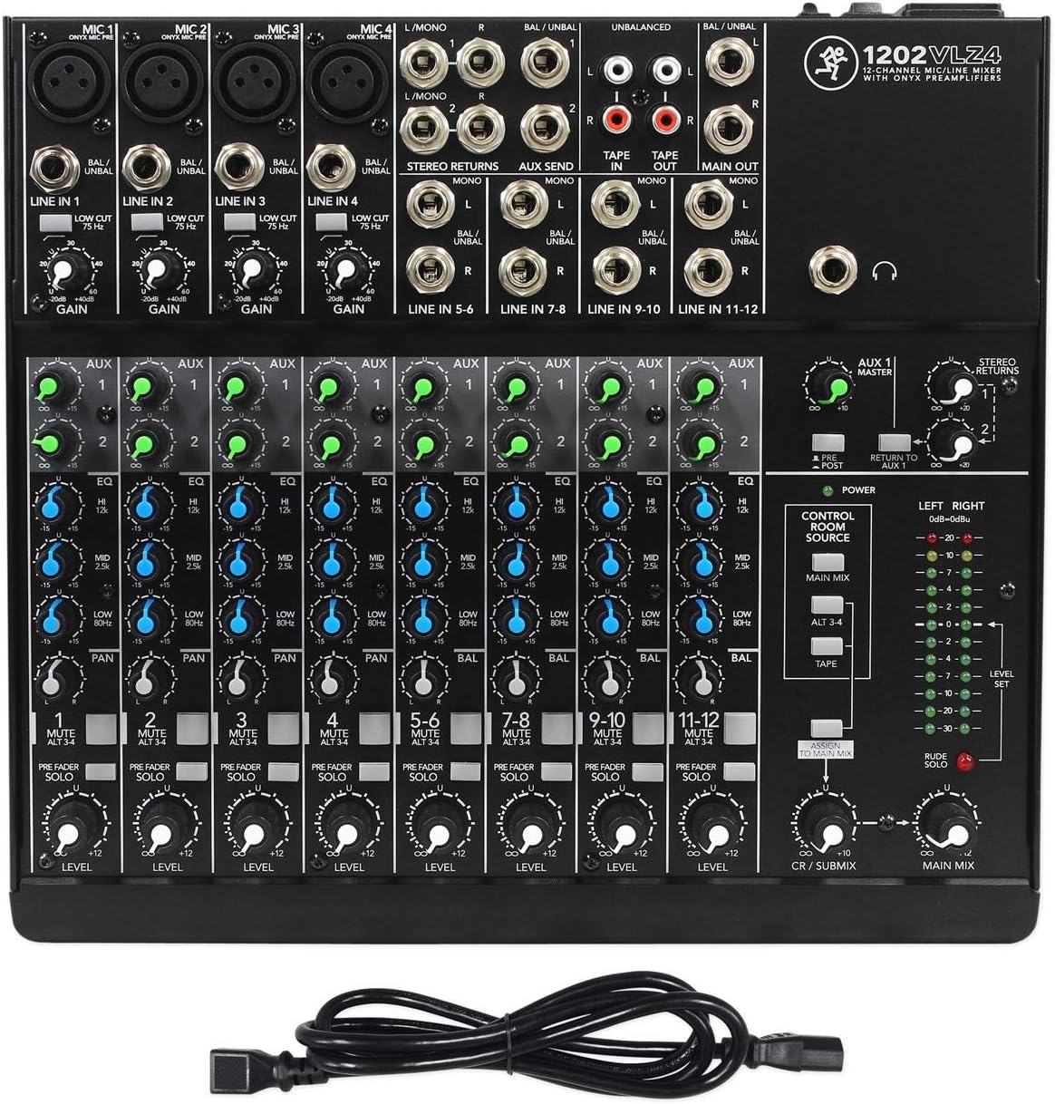 Mackie 1202VLZ4 12-channel Compact Analog Low-Noise Mixer w/ 4 ONYX Preamps Bundle with Rockville RPG15 1Professional Active 1,000W 2-Way DJ PA Speaker and Pair of Adjustable Tripod Stands