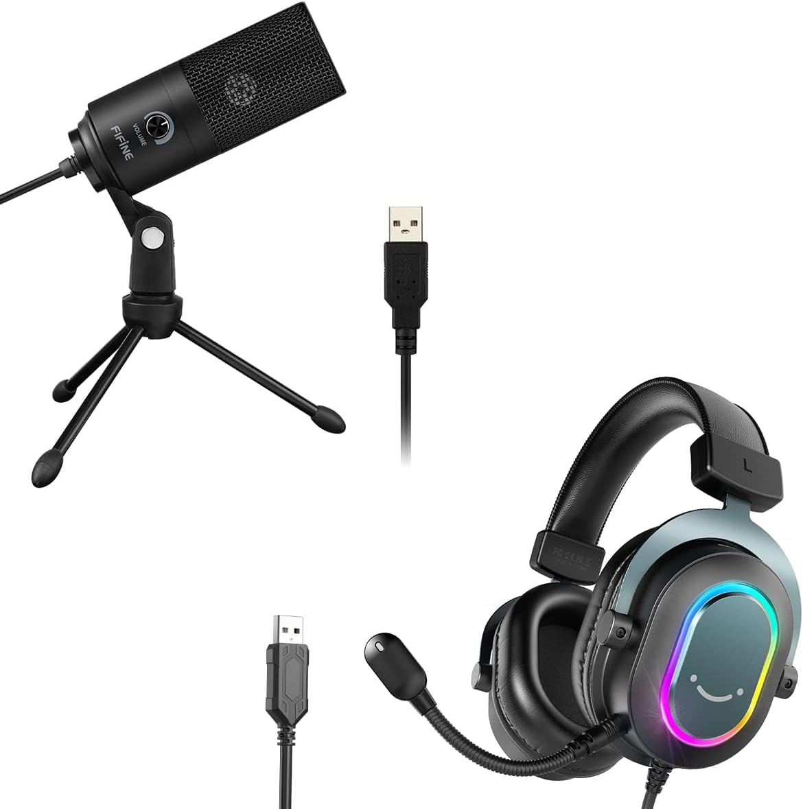 FIFINE Metal Recording Microphone and USB Gaming Headset, Streaming Condenser Cardioid Studio Microphone Wired RGB Headset with EQ Modes, for Vocals, Voice Overs,Streaming Broadcast (K669B+H6)