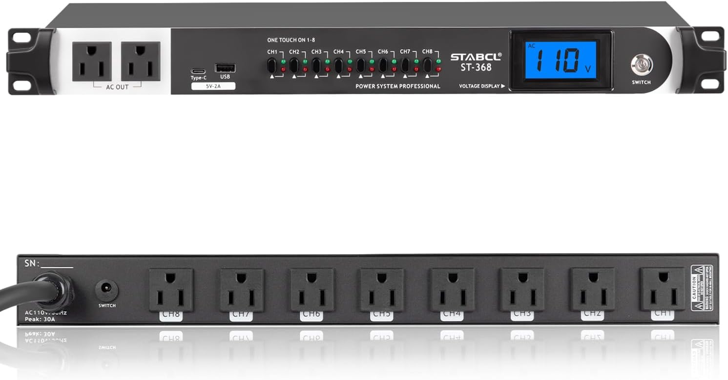Professional 10 Socket Power Conditioner/Surge Sequencer with USB and Type-C Charger.3300W Rack Mount Audio Power Supply Controller, Surge Protector, for Audio product, electronic equipment