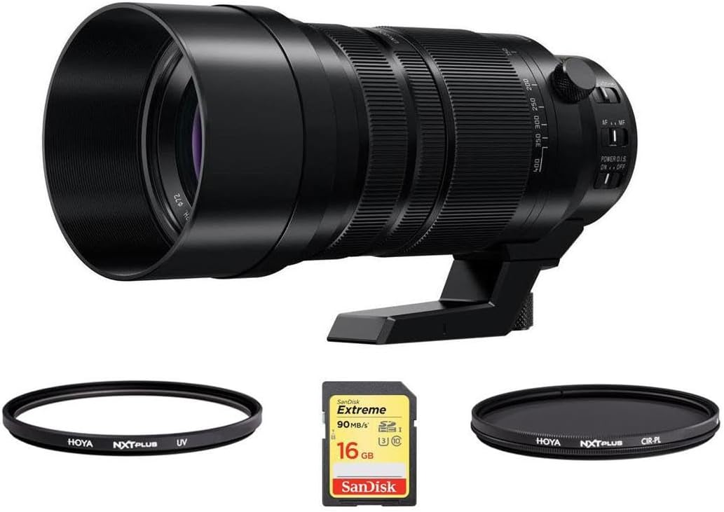 Panasonic Lumix G Leica DG Vario-Elmar 100-400mm f/4-6.3 Aspherical Lens for Micro Four Thirds, Bundle with Hoya 72mm UV+CPL Filter Kit, 32GB SDHC Card, Cleaning Cloth