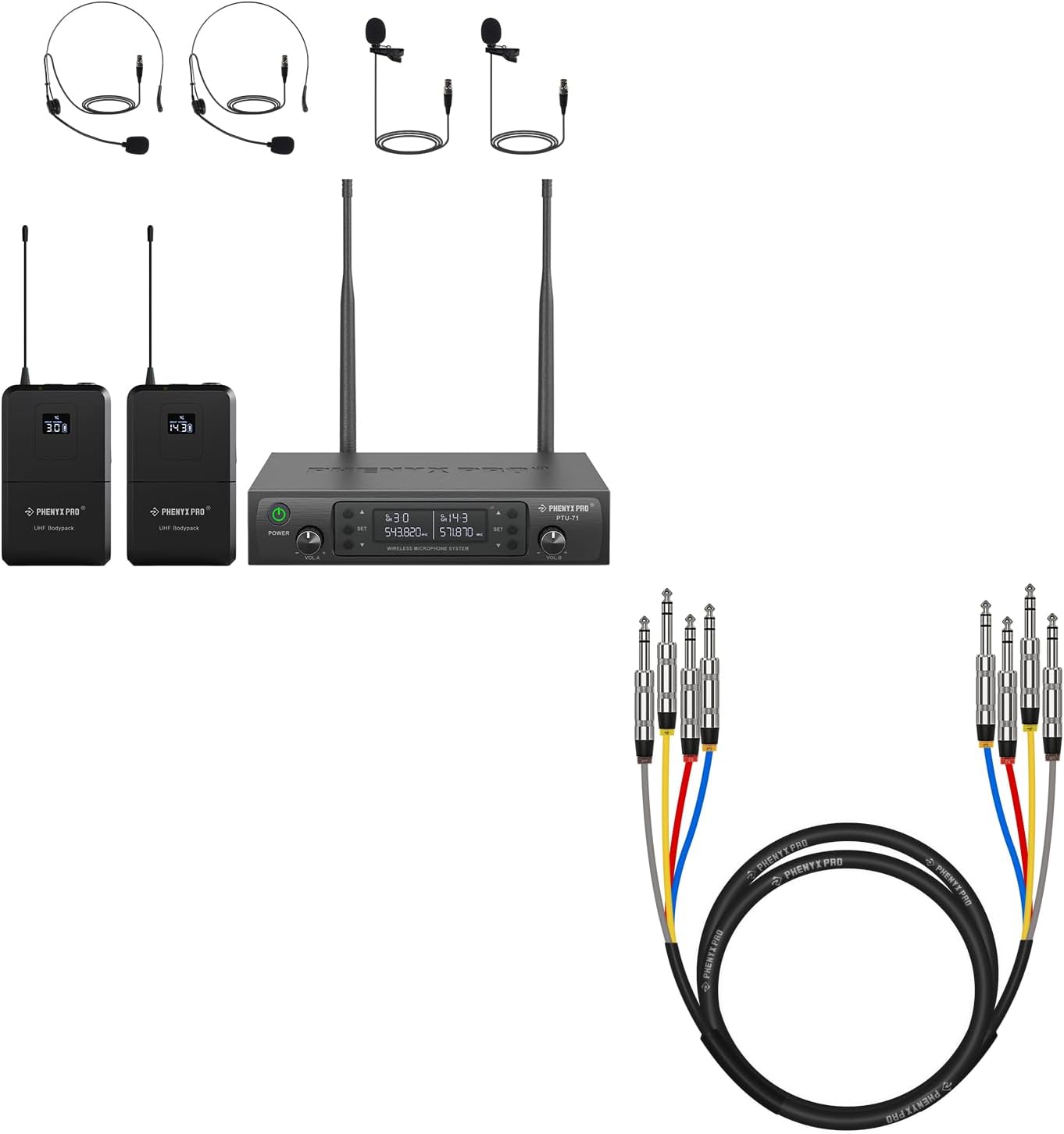 Phenyx Pro Dual UHF Wireless Microphone System PTU-71-2B Bundle with 4-Channel TRS Snake Cable PCBL-QR4IN1-6