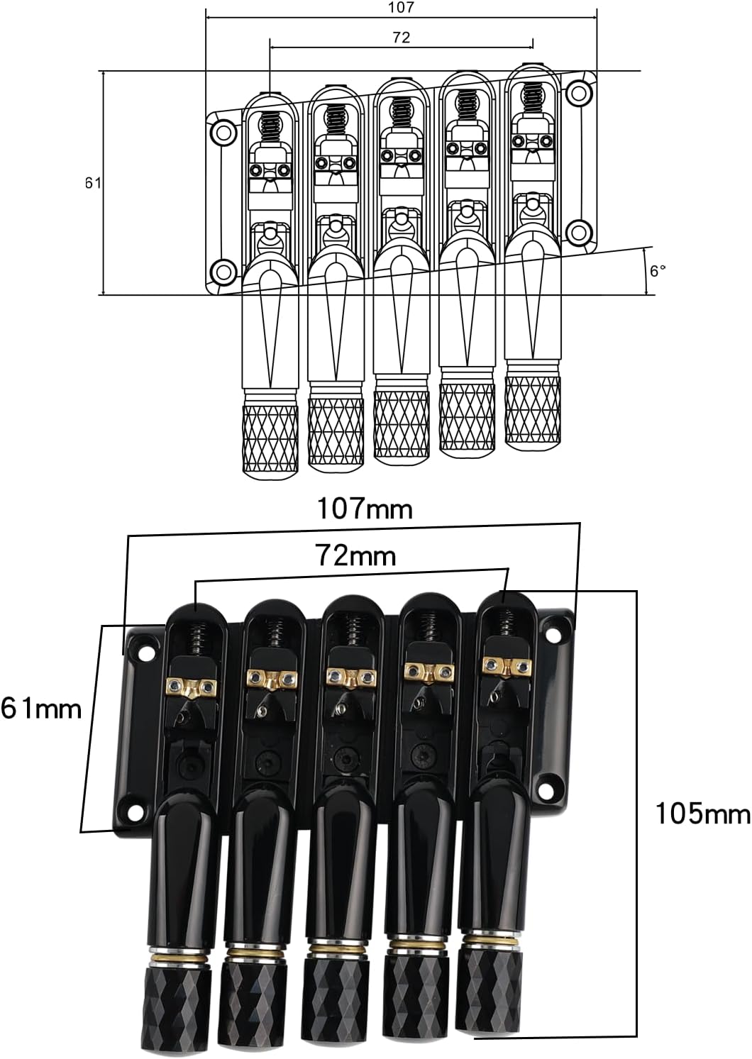 Black Headless Electric Bass Bridge 5 String Bass Bridge with Brass Saddles Bass Parts Replacement for 5 String Headless Bass