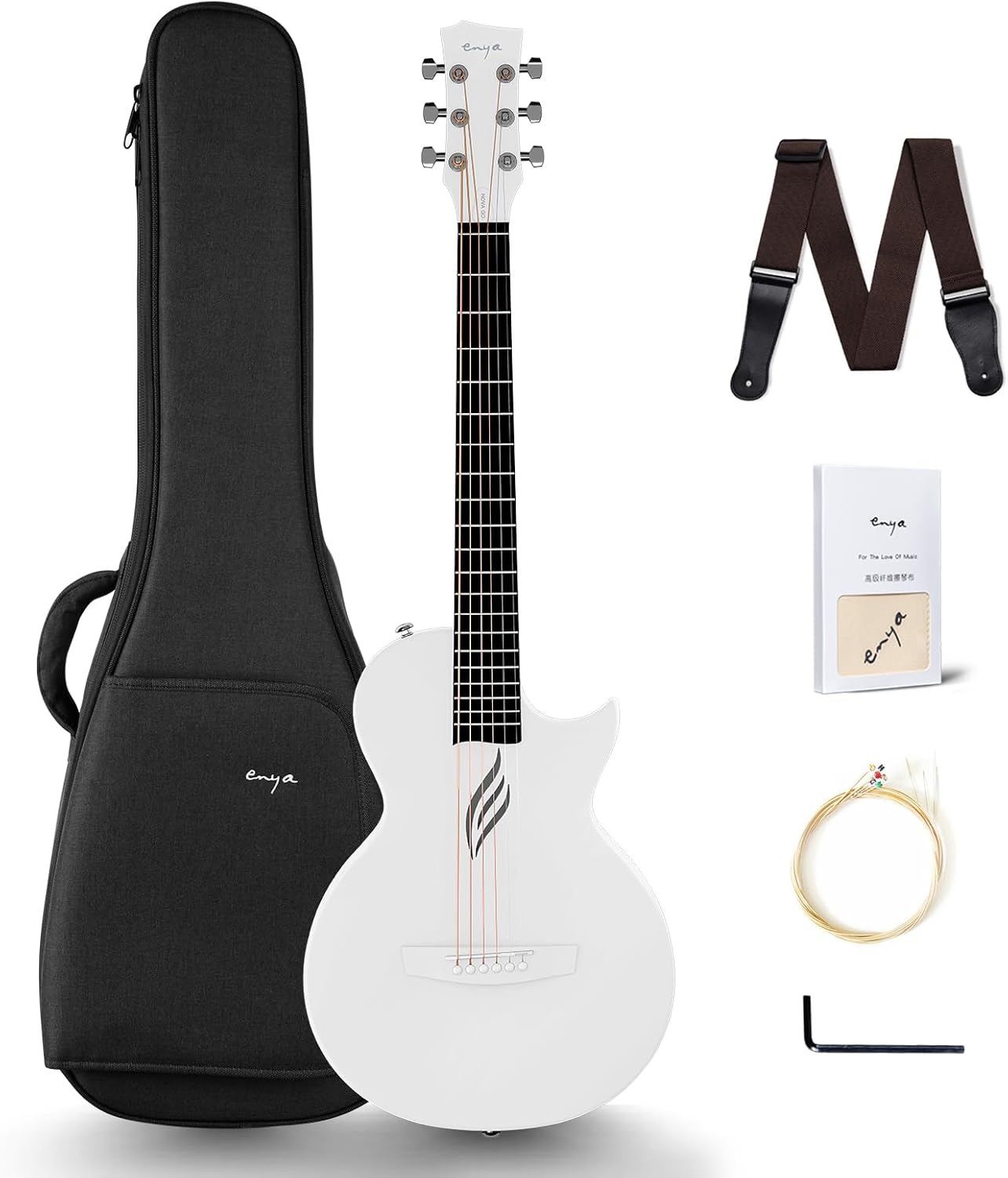 Enya Nova Go Carbon Fiber Acoustic Guitar 1/2 Size Beginner Adult Travel Acustica Guitarra w/Starter Bundle Kit of Colorful Gift Packaging, Acoustic Guitar Strap, Gig Bag, Cleaning Cloth(White)