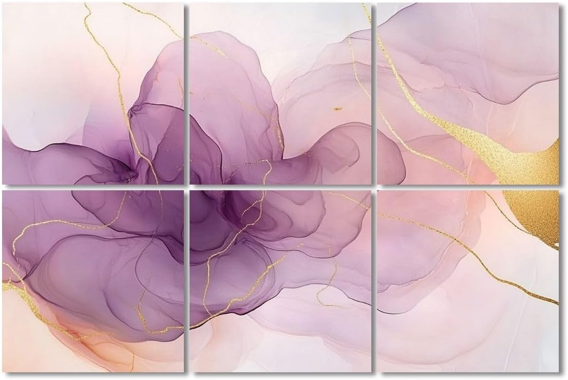 6 Pack Art Acoustic Panels Sound Absorbing White Marble Abstract Art Purple Swirls Gold Accents Delicate Lines Decorative Soundproof Wall Panels Self Adhesive for Recording Studios Office 72
