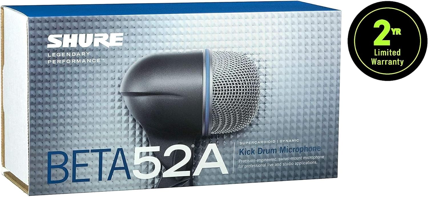 Shure BETA 52A Kick Drum Microphone - Supercardioid Dynamic Mic with High Output Neodymium Element, Locking Stand Adapter, Durabl Steel Mesh Grille and Shock Mount
