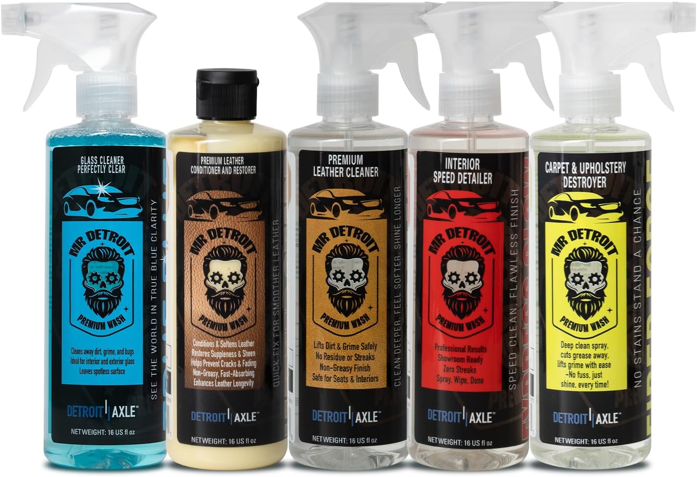 Mr. Detroit - 5pc Interior Detailing Kit, Leather Cleaner & Conditioner, Interior Speed Detailer, Carpet & Upholstery, Glass Cleaner, Professional Grade Formula for Deep Cleaning & Restore