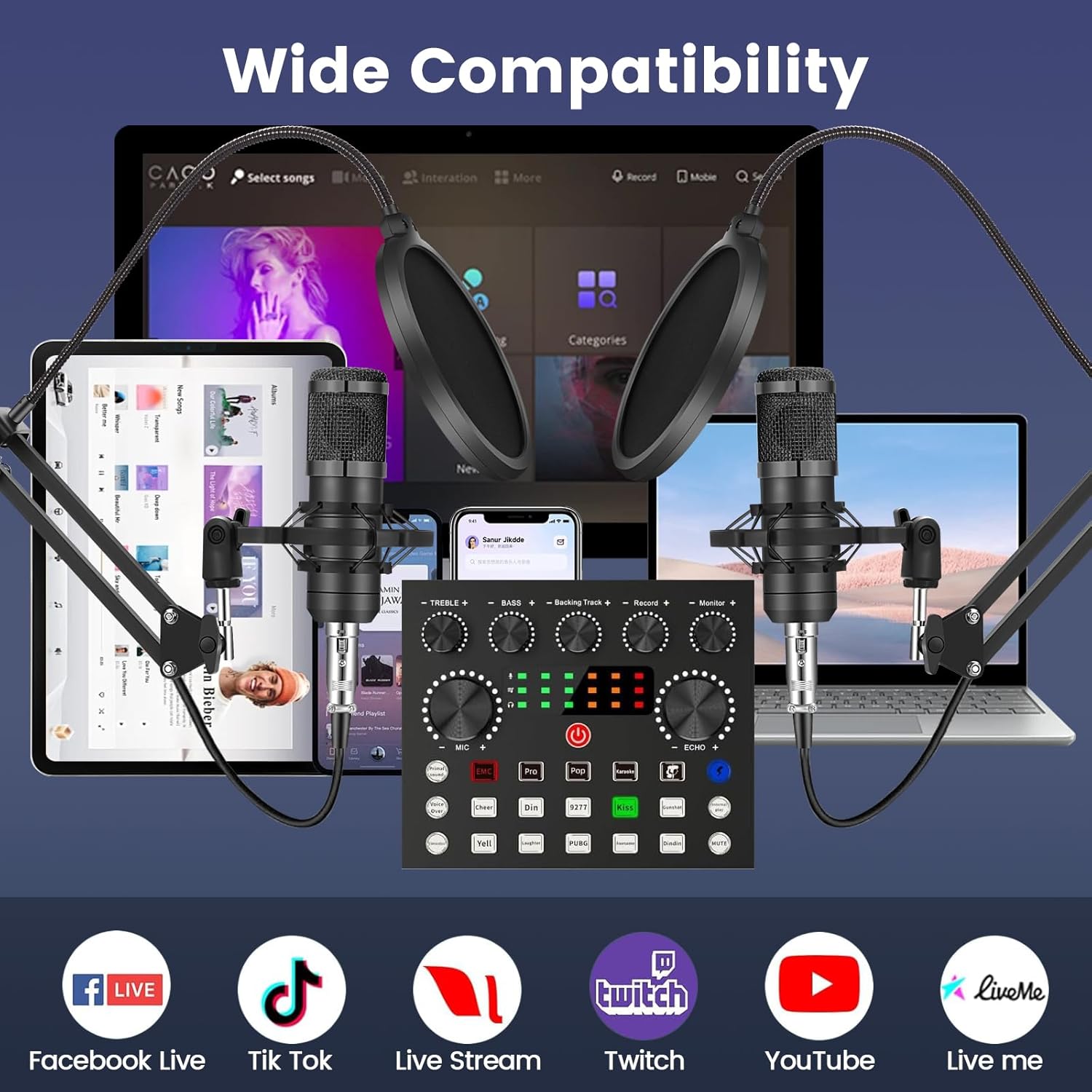 Podcast Equipment Bundle for 2, Audio Interface with Voice Changer Condenser Microphones for Gamer, All-in-One Audio Mixer Perfect for Live Streaming, Singing, YouTube, Gaming