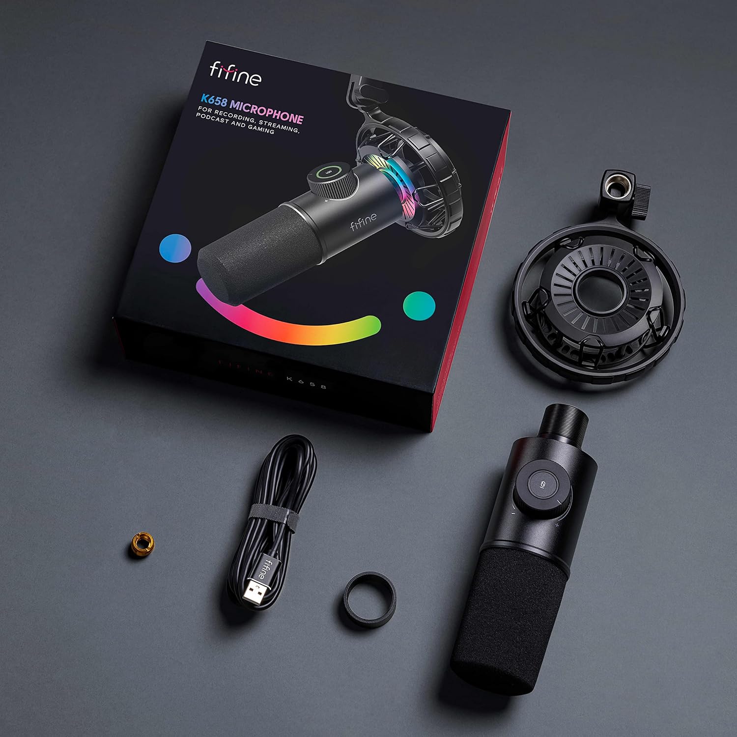 FIFINE USB Gaming Microphone, RGB Dynamic Mic for PC, with Tap-to-Mute Button, Plug & Play Cardioid Mic with Headphone Jack for Streaming, Podcast, Twitch, YouTube, Discord- K658