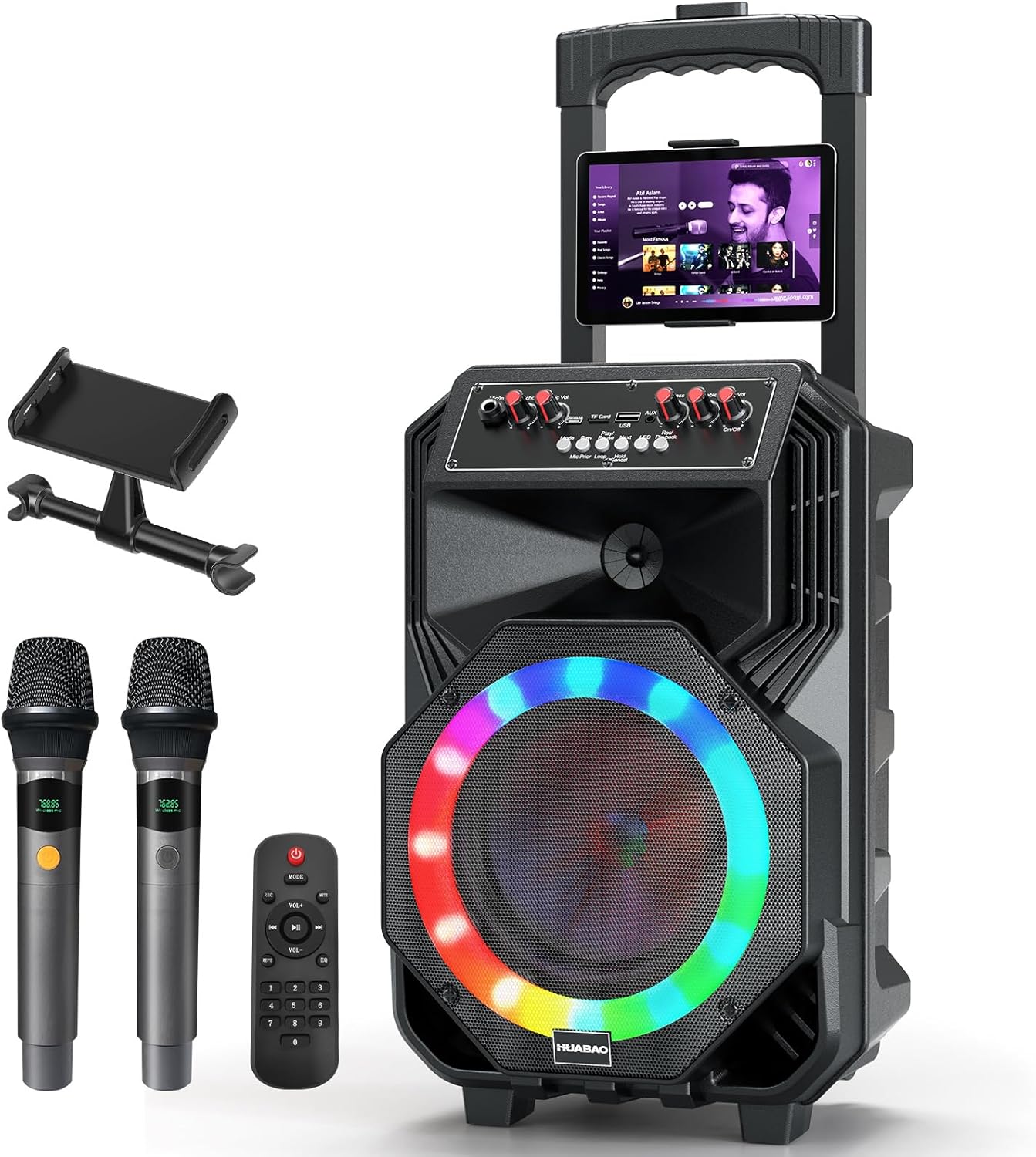 Karaoke Machine with 2 Wireless Microphones, Rolling Wheels, and Trolley – 8800mAh Portable Bluetooth Speaker, PA System with Lights, Adjustable Bass/Treble/Echo for Parties, Indoor and Outdoor Use