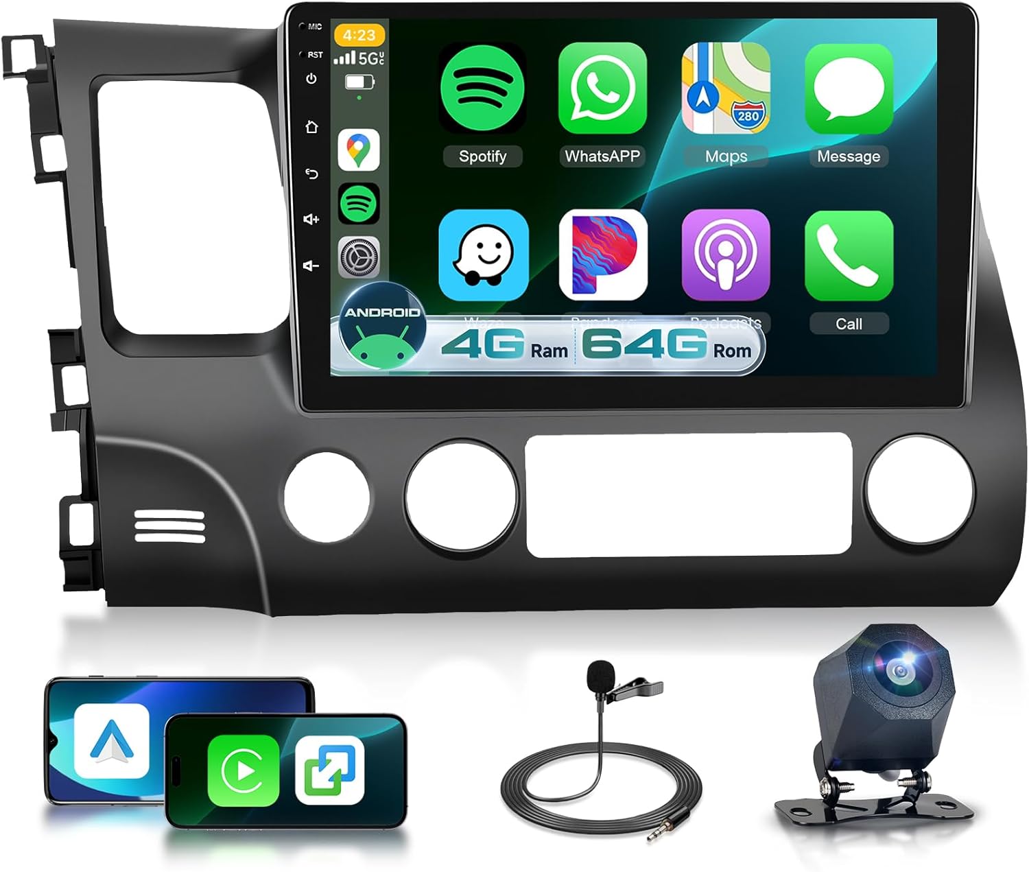 4G+64G Car Radio Stereo for Honda Civic 2006-2011 with DSP/32EQ Wireless Carplay/Android Auto, Sellrich 10.1 inch 1280P Touchscreen Radio Bluetooth 5.0 FM/RDS Mirrorlink SWC Backup Camera