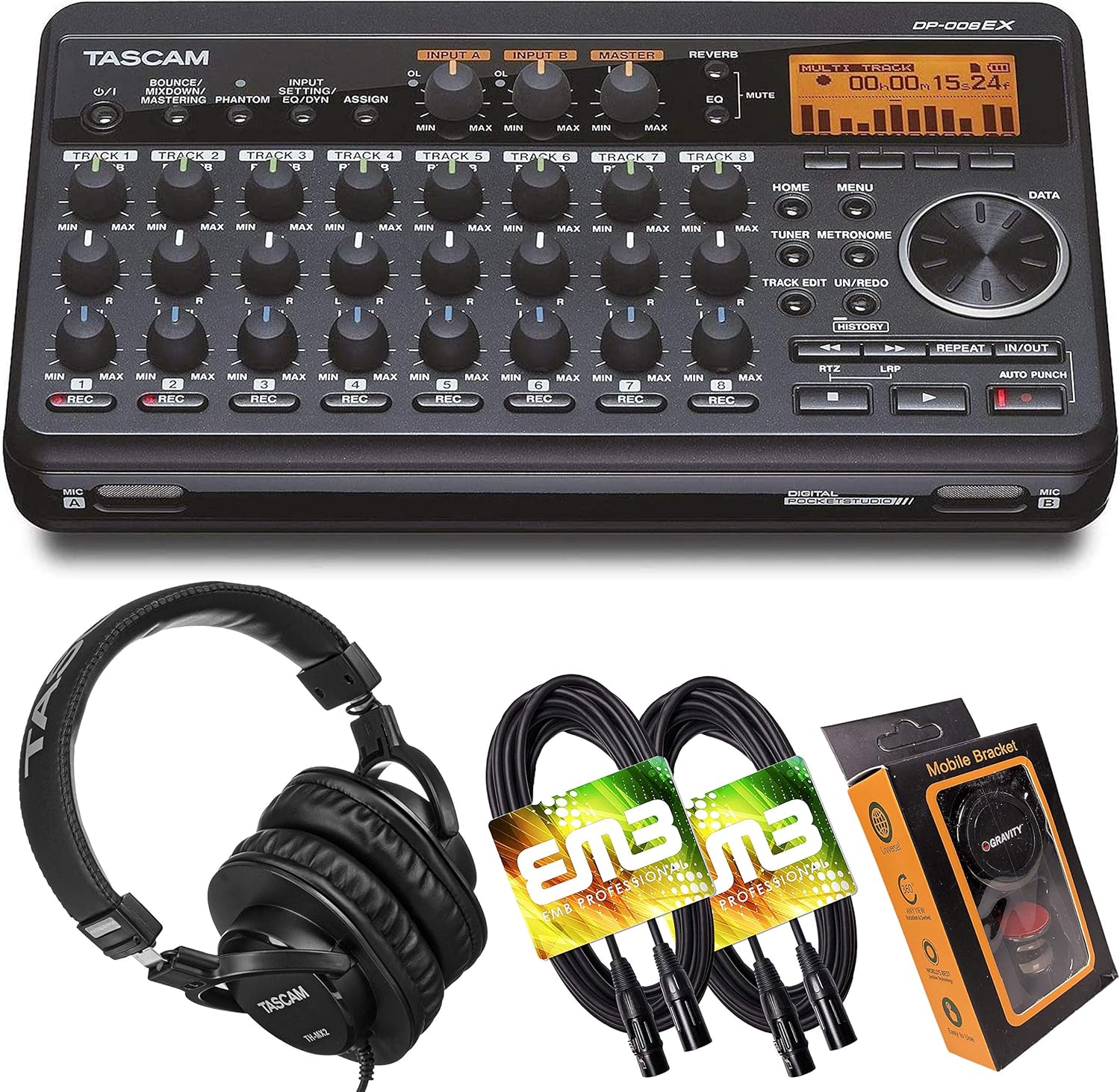 Tascam DP-008EX 8-Track Digital Pocketstudio Multi-Track Audio Recorder with Pro Headphone and Pair of EMB XLR Cables and Gravity Magnet Phone Holder Bundle