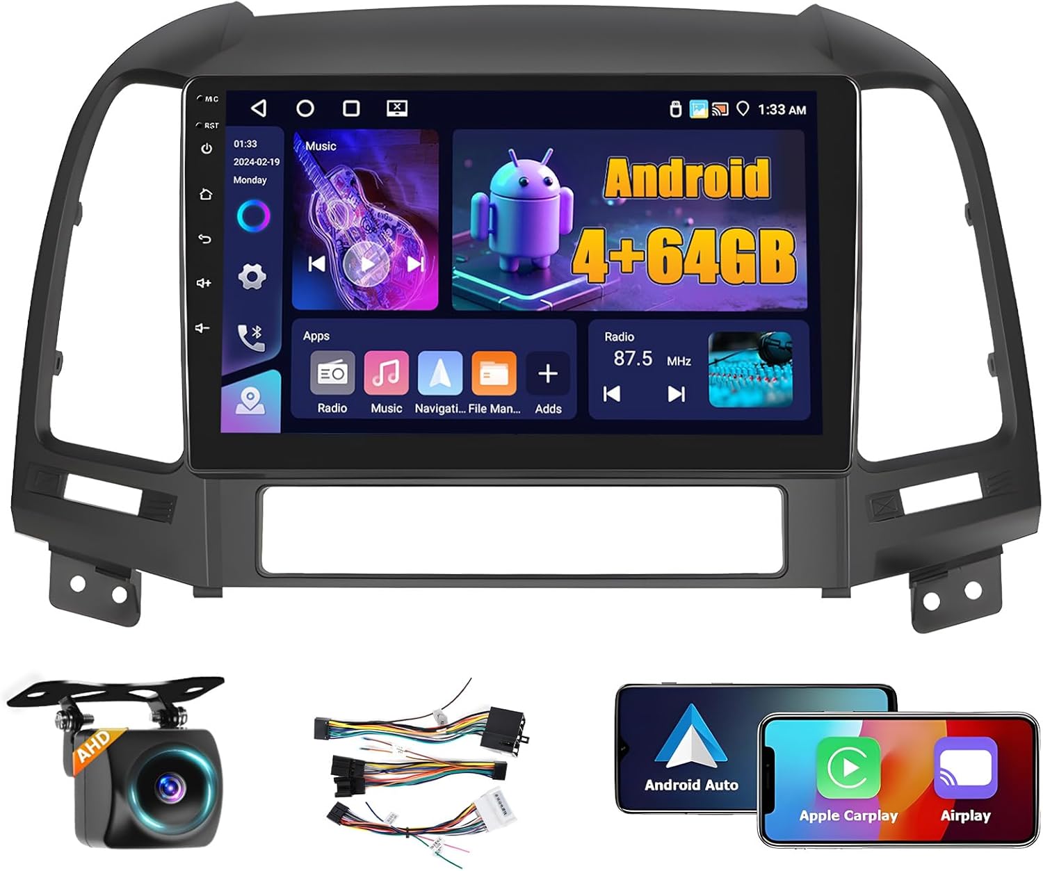 【4+64GB】 Double din for Hyundai Santa Fe 2006-2012 Car Stereo with Android Auto, 1080P Touch Screen Radio Bluetooth/FM/SWC/Mirror Link Backup Camera MIC