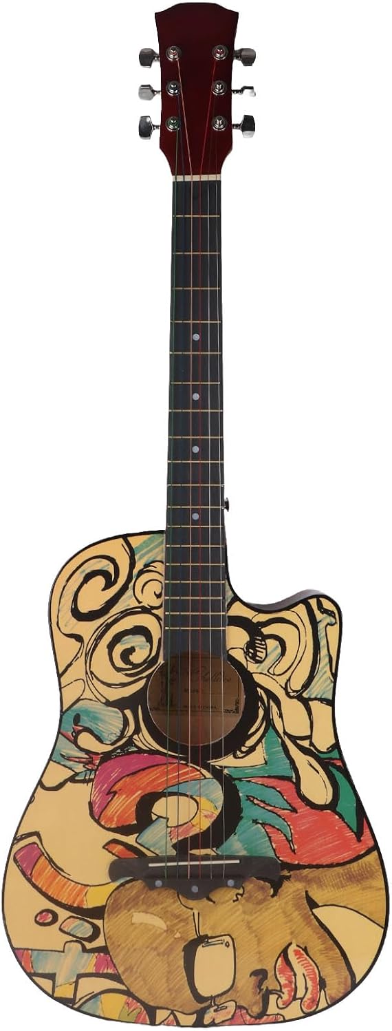 Wooden Guitar, 38in Acoustic Guitar with High Density Fingerboard and Graffiti Pattern, for Beginner