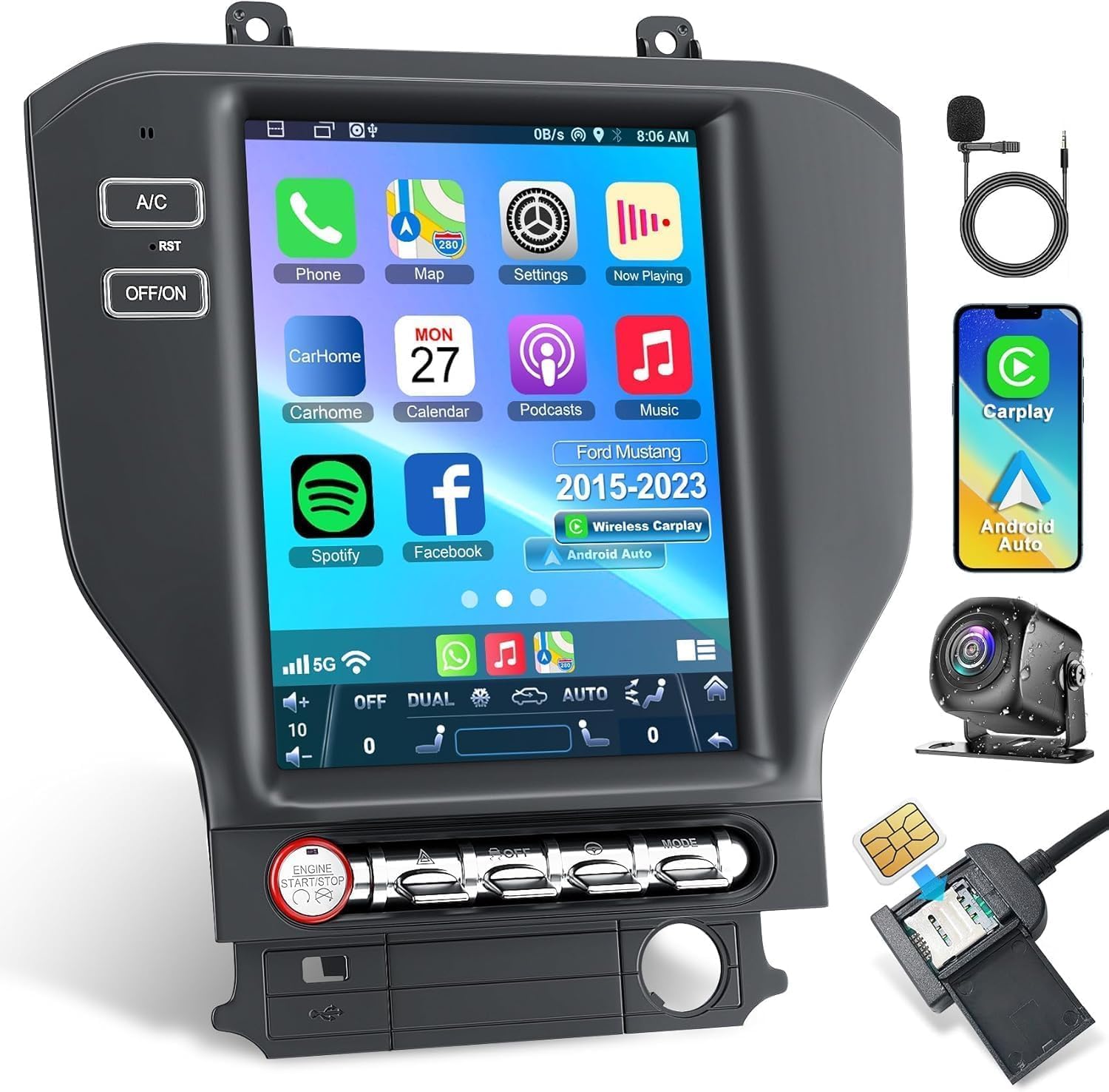 8-core Android 13 Car Radio for Ford Mustang 2015-2023, 10.4 Inch IPS Touch Screen Car Stereo with Wireless Carplay/Android Auto,GPS, WiFi, Bluetooth,FM, Support OBD2/DSP/DVR