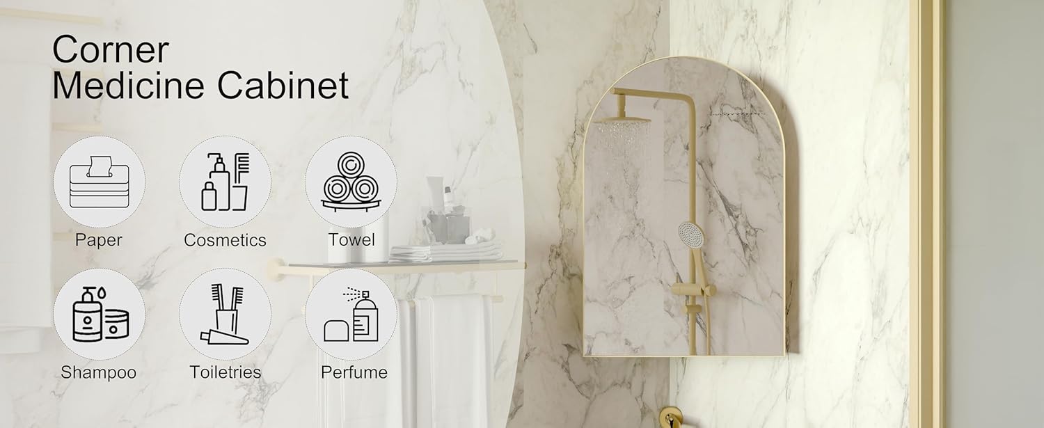Space-Saving Metal Corner Medicine Cabinet with Arched Mirror & Adjustable Glass Shelves – Wall-Mounted Bathroom Storage Organizer for Small Spaces (Golden)