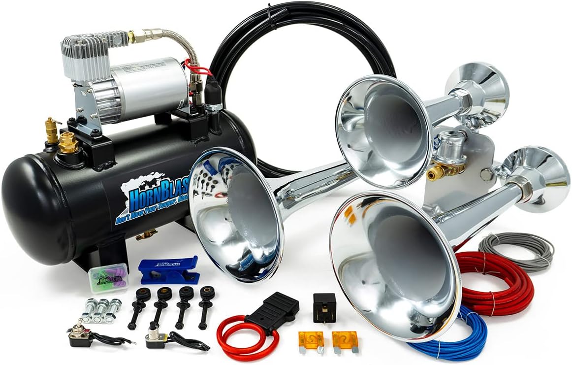 HornBlasters Outlaw 1.5 Gallon Train Horn Kit - All-In-One Air System - Easy Install - 3 Chrome Trumpets
