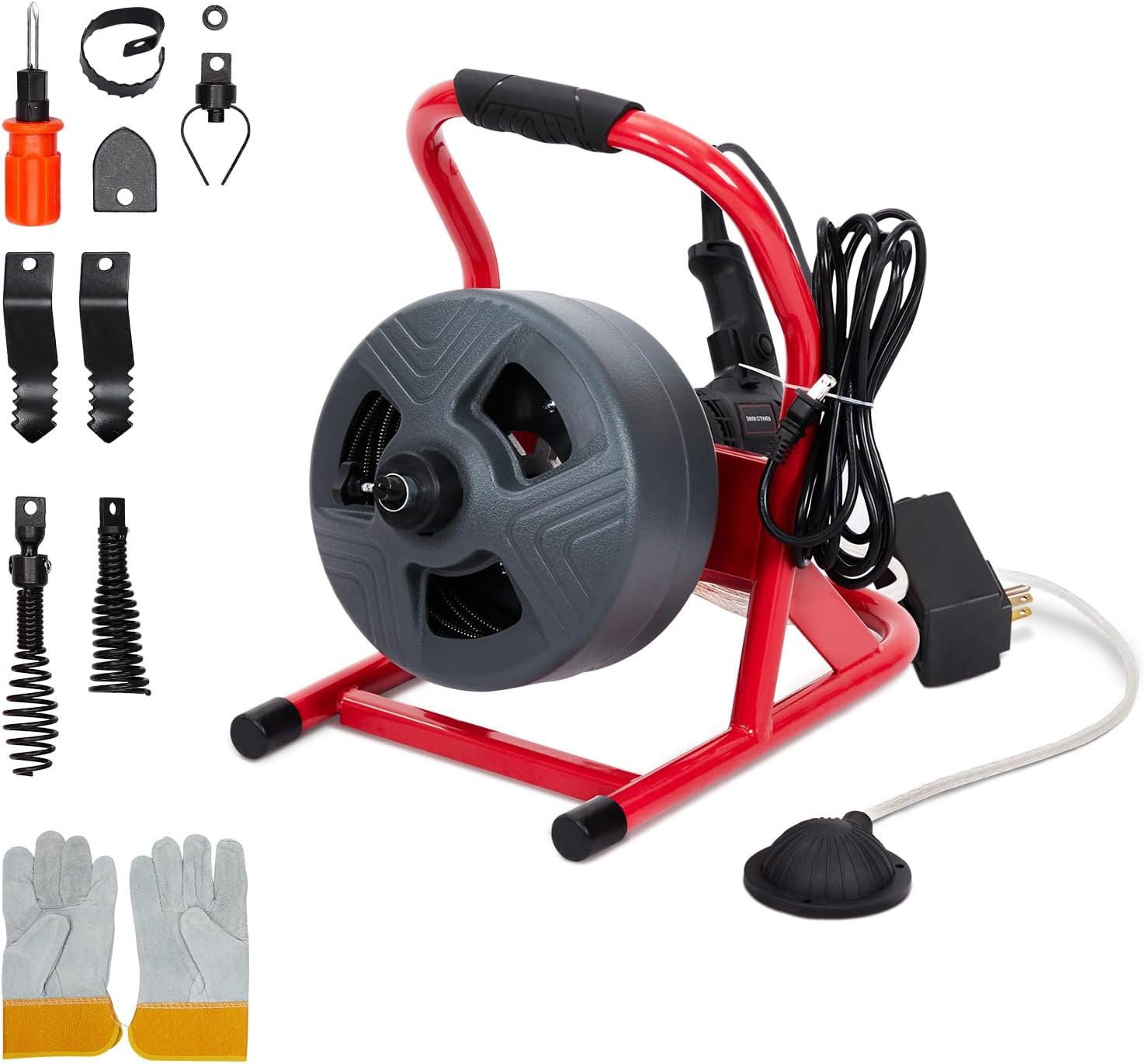 50 ft x 5/16 in Drain Cleaner Machine Professional for 3/4 in - 3 in Pipes, Foot Switch with 6 Cutters, Glove, Drain Auger Cleaner Sewer Snake for Bethroom/Kitchen Drains