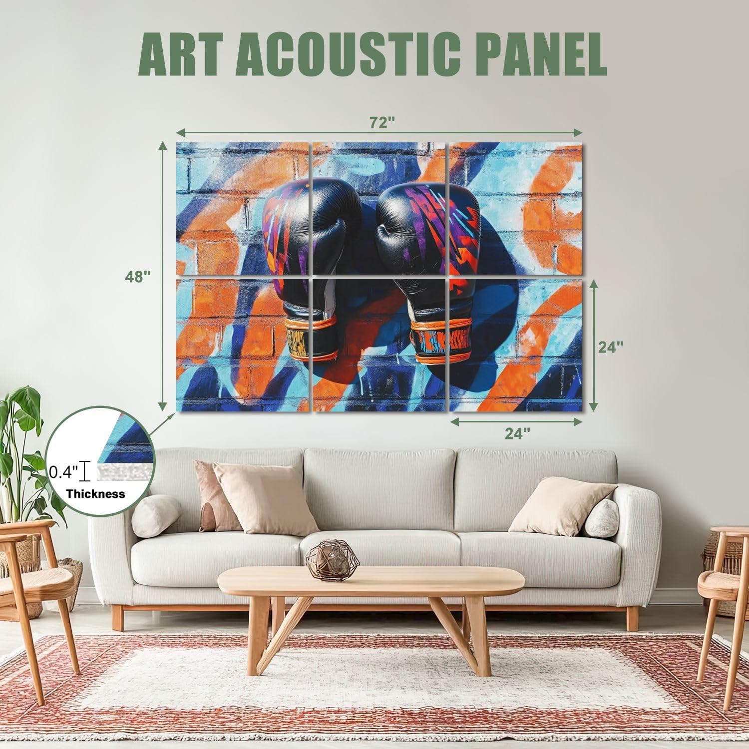 6 Pack Art Acoustic Panels Sound Absorbing Graffiti Boxing Gloves Sport Modern Abstract Patterns Vibrant Color Decorative Soundproof Wall Panels Self Adhesive for Recording Studios Office 72
