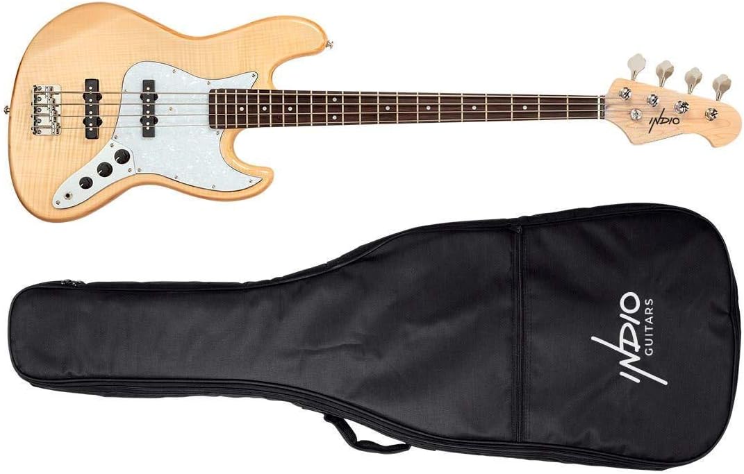 Monoprice Jamm Flamed Maple Electric Bass - Natural, with Gig Bag, 4 Strings, Double‑Cutaway Solid Body - Indio Series