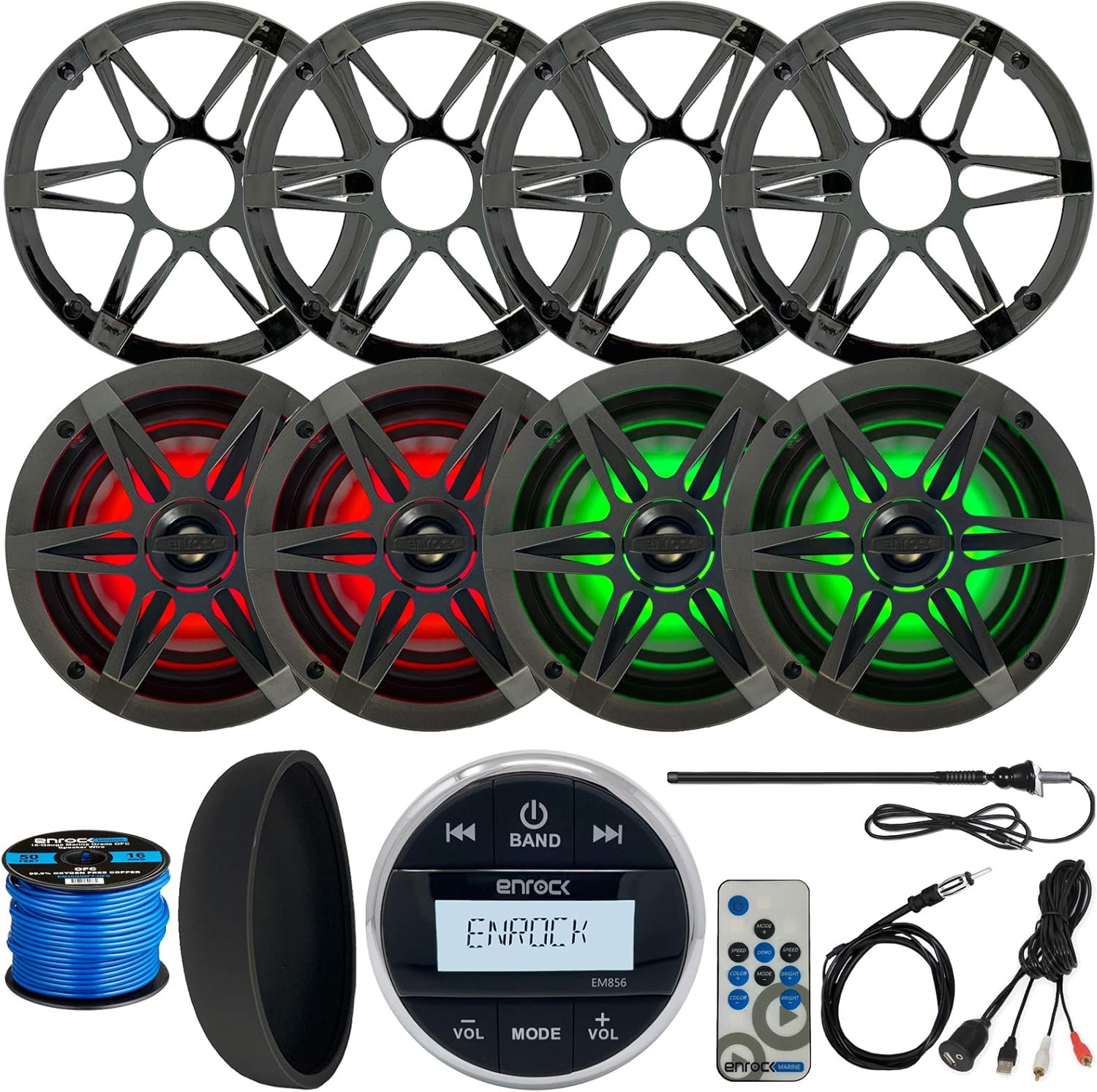 Enrock Marine Gauge Style Bluetooth Receiver Bundle with 4x 6.5