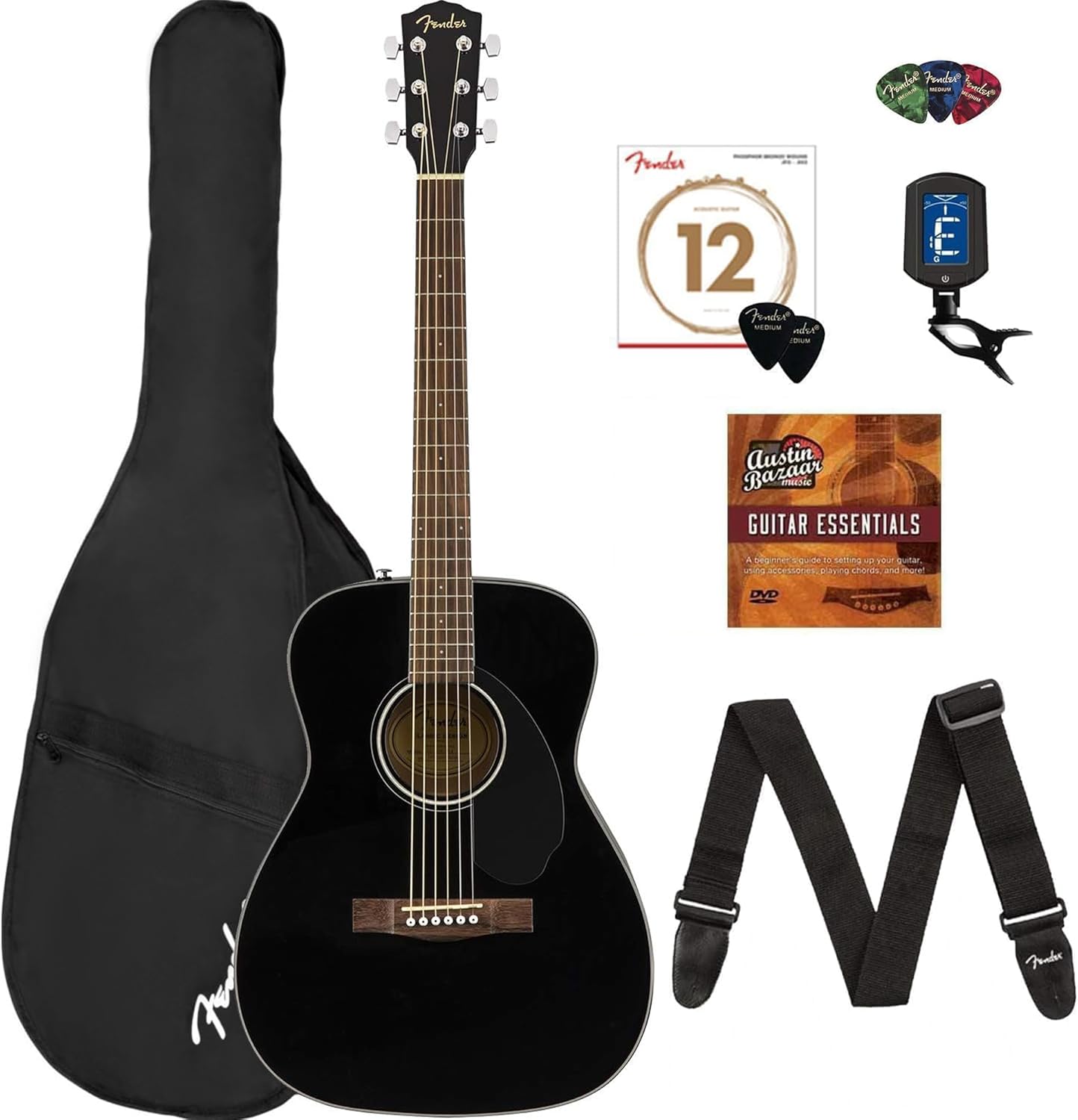 Fender CC-60S Concert Acoustic Guitar - Black Bundle with Gig Bag, Tuner, Strap, Strings, Picks, Instructional Book, and Austin Bazaar Instructional DVD