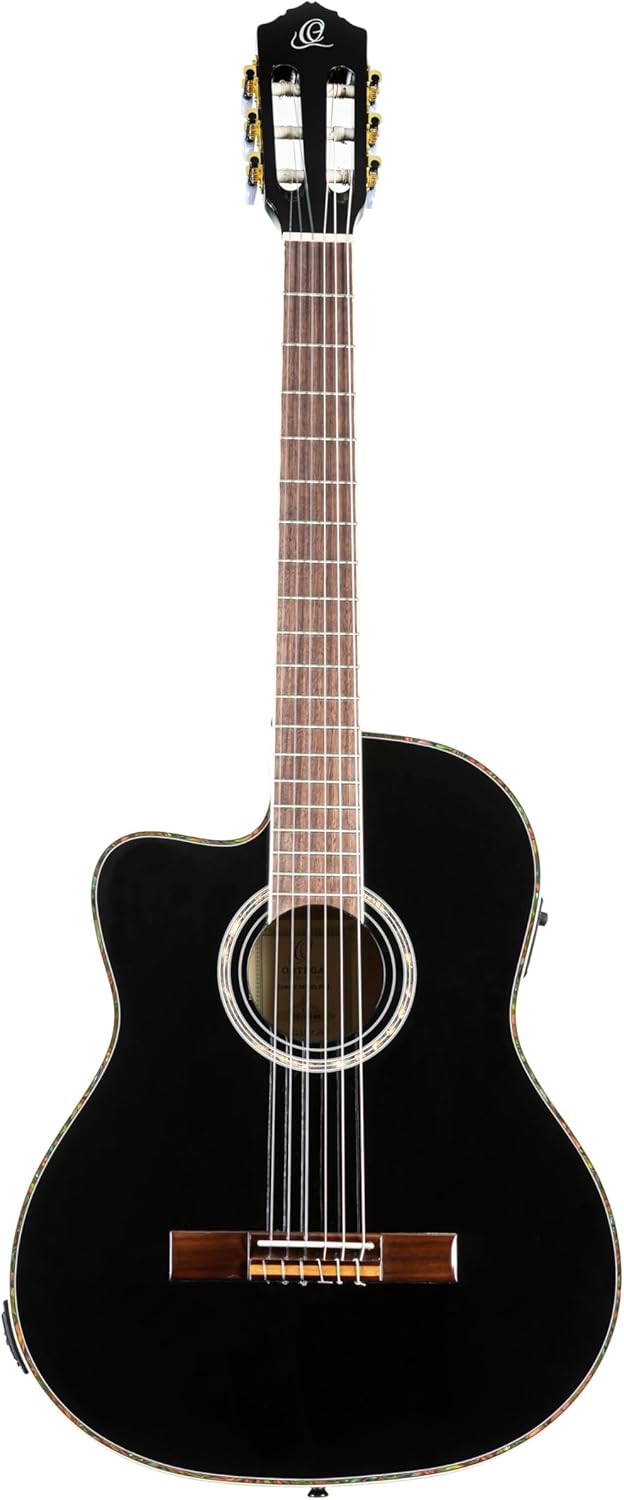 Ortega Guitars 6 String Family Series Pro Left-Handed Solid Top Thinline Acoustic-Electric Nylon Classical Guitar w/Bag, (RCE145LBK)