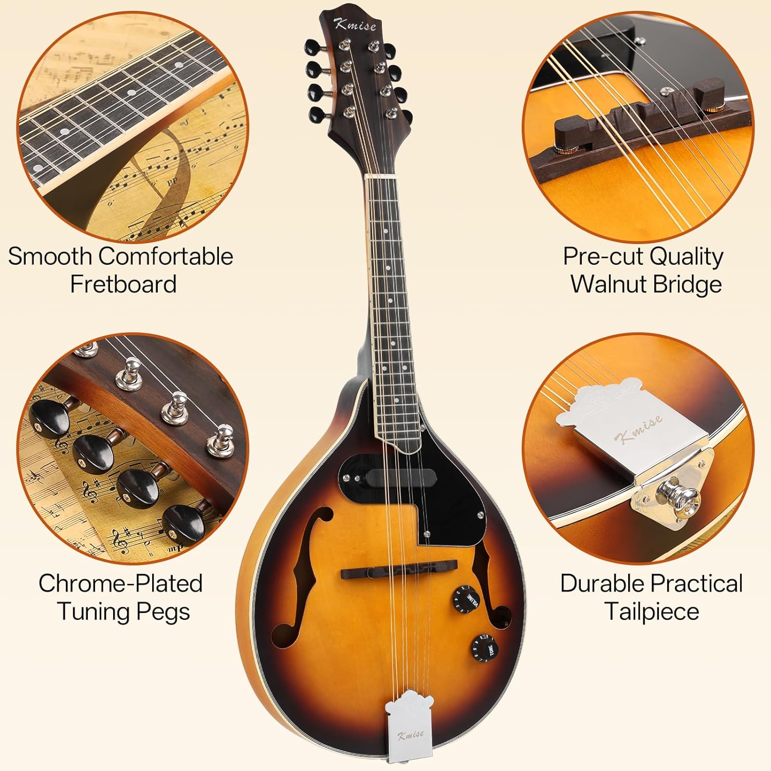 Mandolin Instrument A Style, Electric Acoustic Mandolins Instrument Kit 8 String with Tuner Strap Gig Bag Chord Chart for Beginners Adults Teens Youth Kid(A String Electric Mandolin, 8 String)