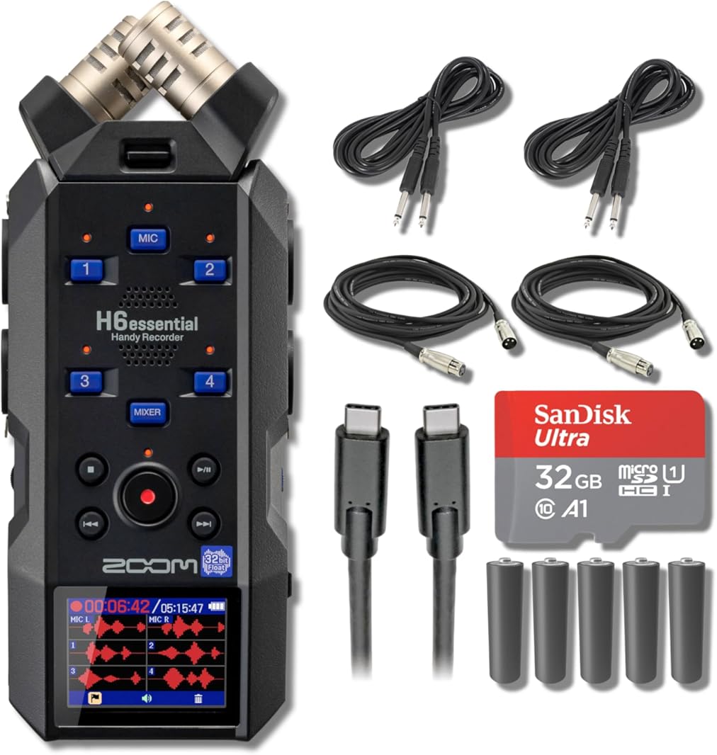Zoom H6essential 6-Track 32-Bit Float Portable Audio Recorder with 32GB microSD Card, USB-C Cable, 10' XLR Cables, 25' Instrument Cables and AA Batteries